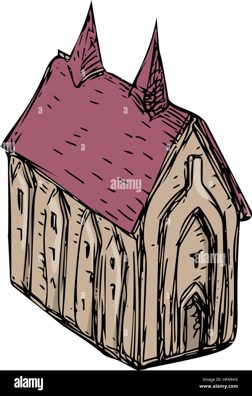 Schizzo di disegno illustrazione dello stile di una chiesa medievale visto dall alto angolo impostato isolato su sfondo bianco. Illustrazione Vettoriale