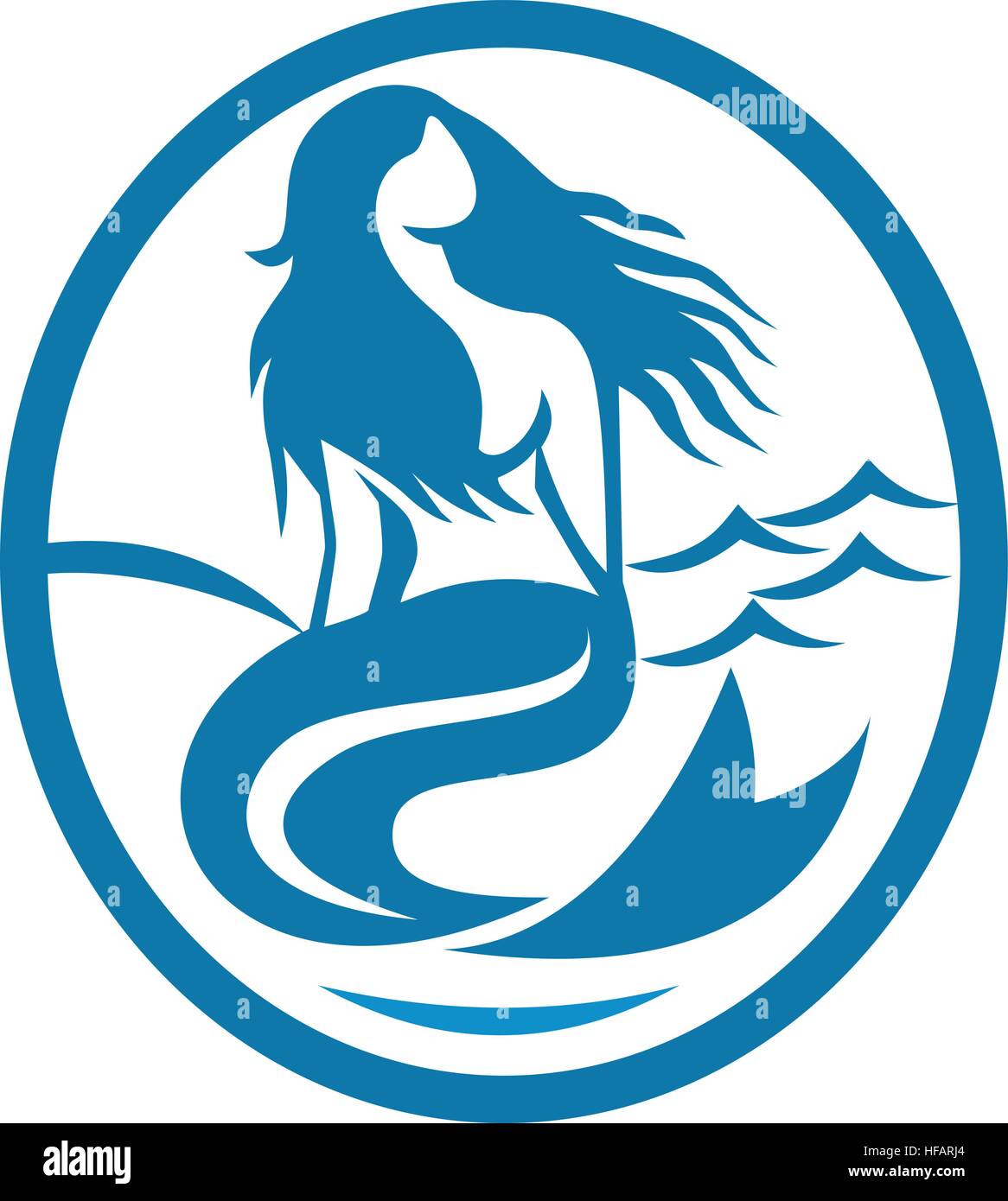 Illustrazione di una sirena sirena seduta a cantare guardando al lato imposta all'interno di forma ovale con mare oceano sullo sfondo fatto in stile retrò. Illustrazione Vettoriale