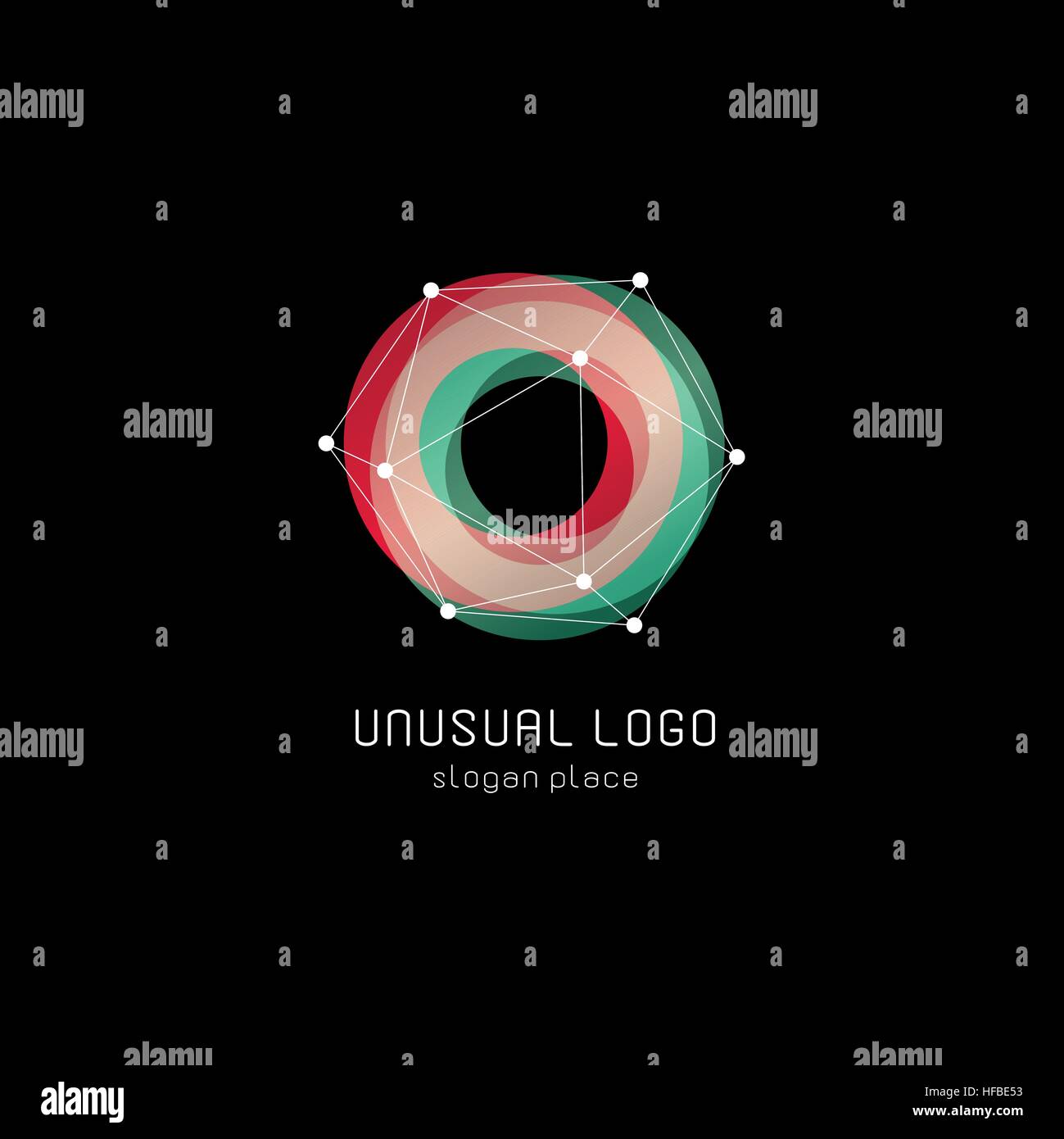 Abstract inusuali forme geometriche logo vettoriale. Circolare, poligonale loghi colorati su sfondo nero. Illustrazione Vettoriale