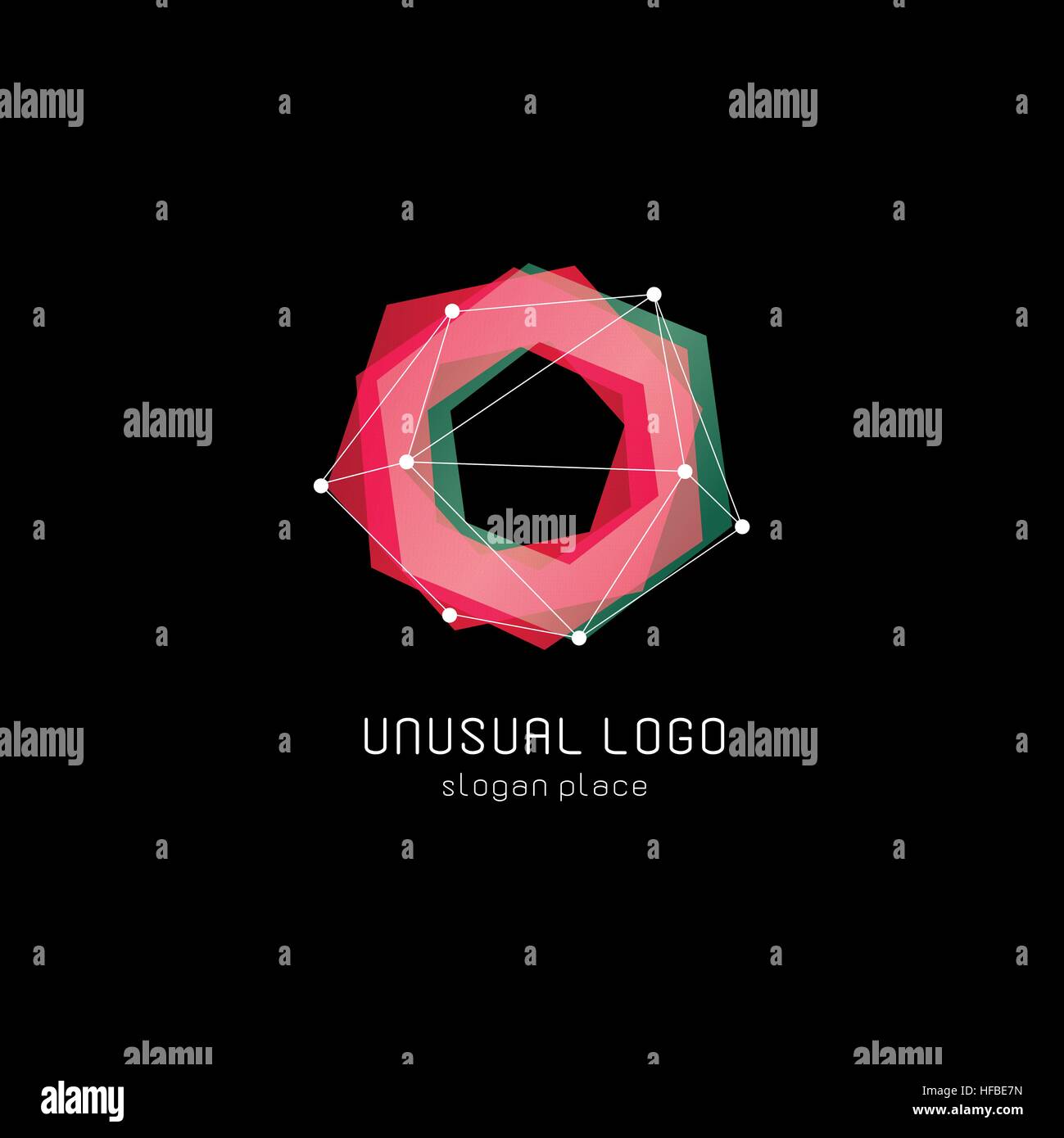 Abstract inusuali forme geometriche logo vettoriale. Circolare, poligonale loghi colorati su sfondo nero. Illustrazione Vettoriale