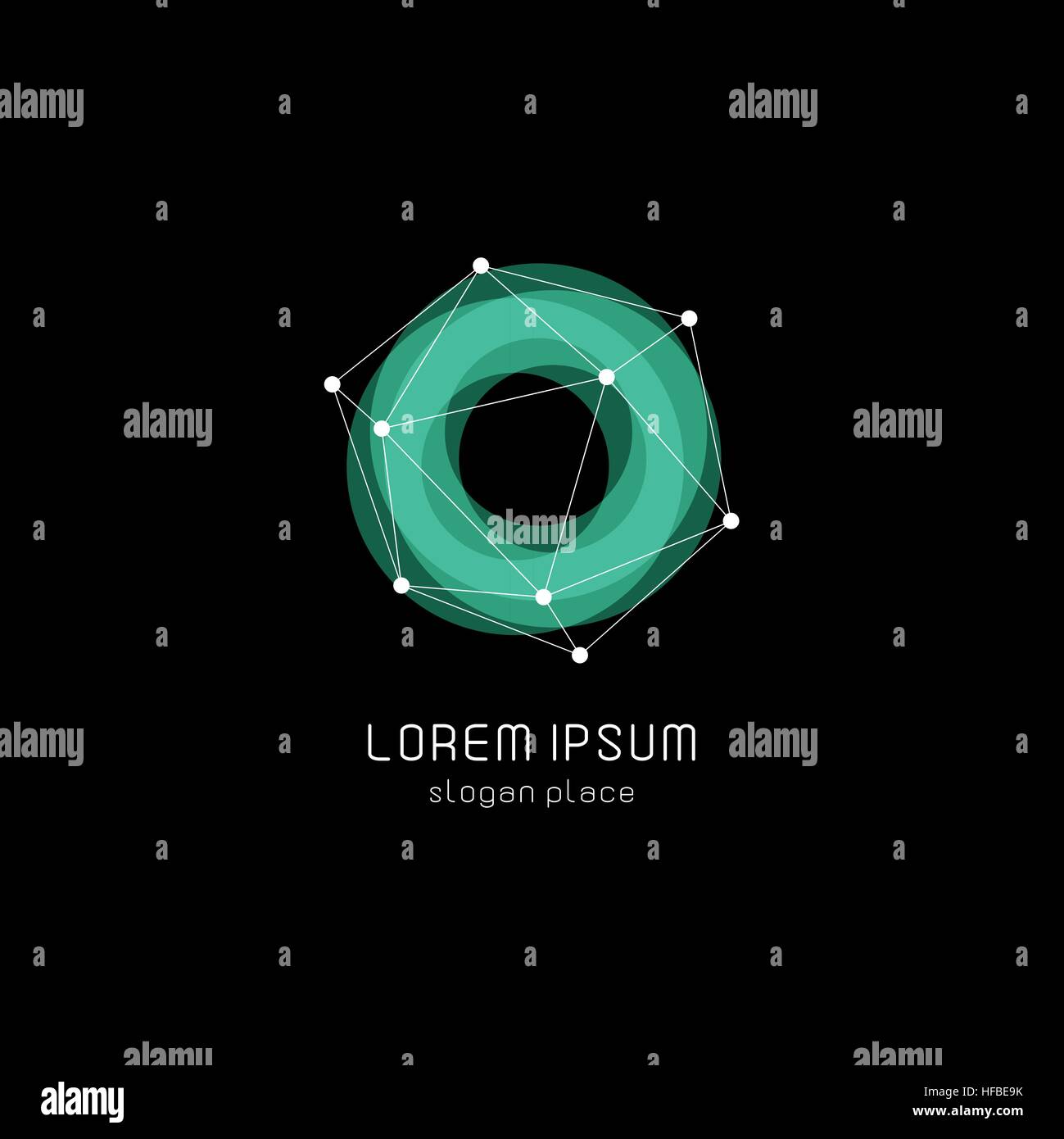 Abstract inusuali forme geometriche logo vettoriale. Circolare, poligonale loghi colorati su sfondo nero. Illustrazione Vettoriale