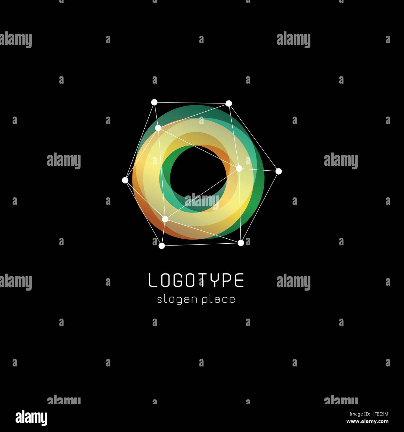Abstract inusuali forme geometriche logo vettoriale. Circolare, poligonale loghi colorati su sfondo nero. Illustrazione Vettoriale