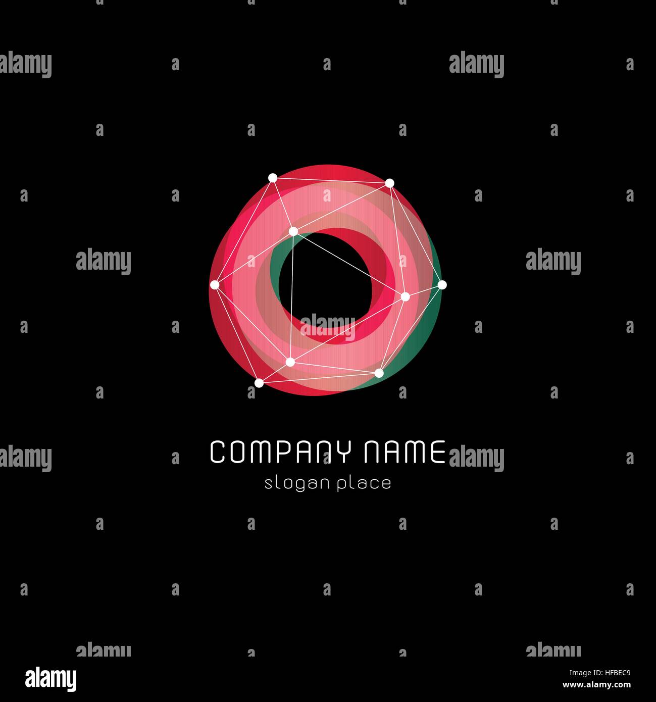Abstract inusuali forme geometriche logo vettoriale. Circolare, poligonale loghi colorati su sfondo nero. Illustrazione Vettoriale