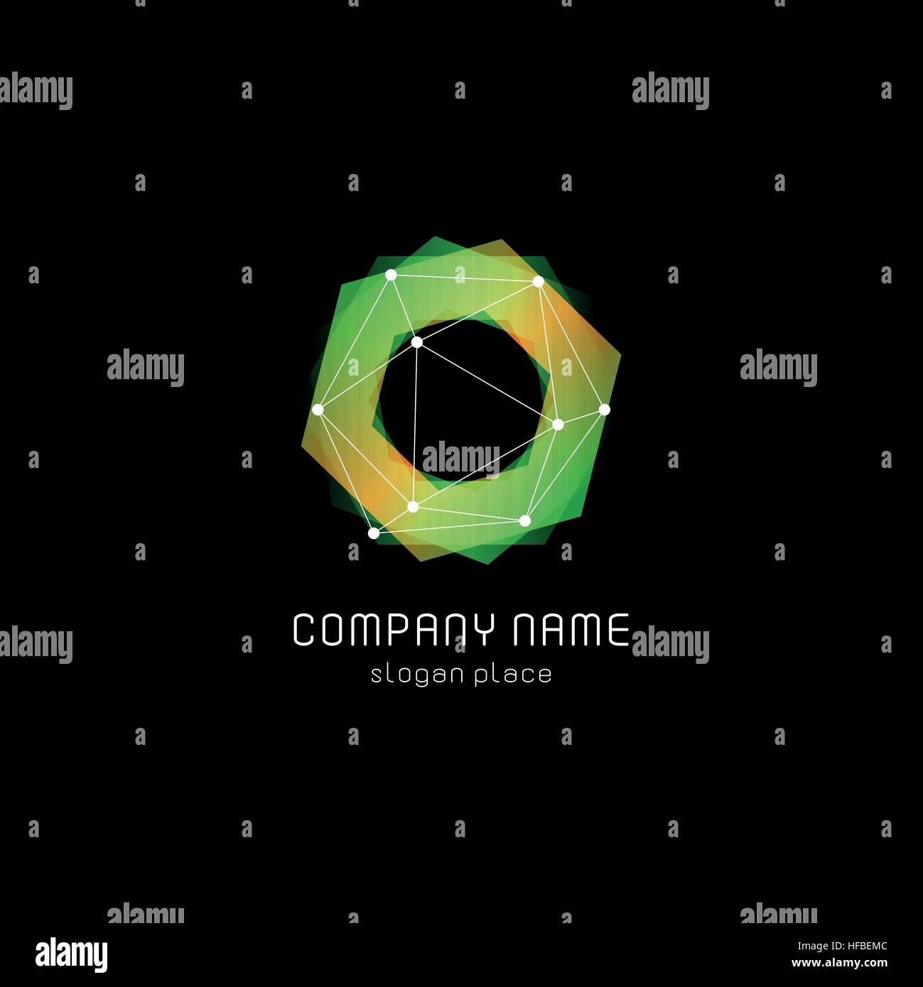 Abstract inusuali forme geometriche logo vettoriale. Circolare, poligonale loghi colorati su sfondo nero. Illustrazione Vettoriale