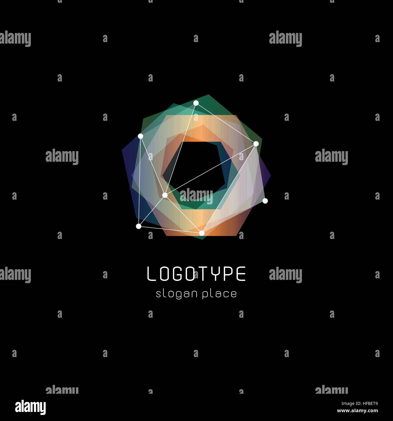 Abstract inusuali forme geometriche logo vettoriale. Circolare, poligonale loghi colorati su sfondo nero. Illustrazione Vettoriale