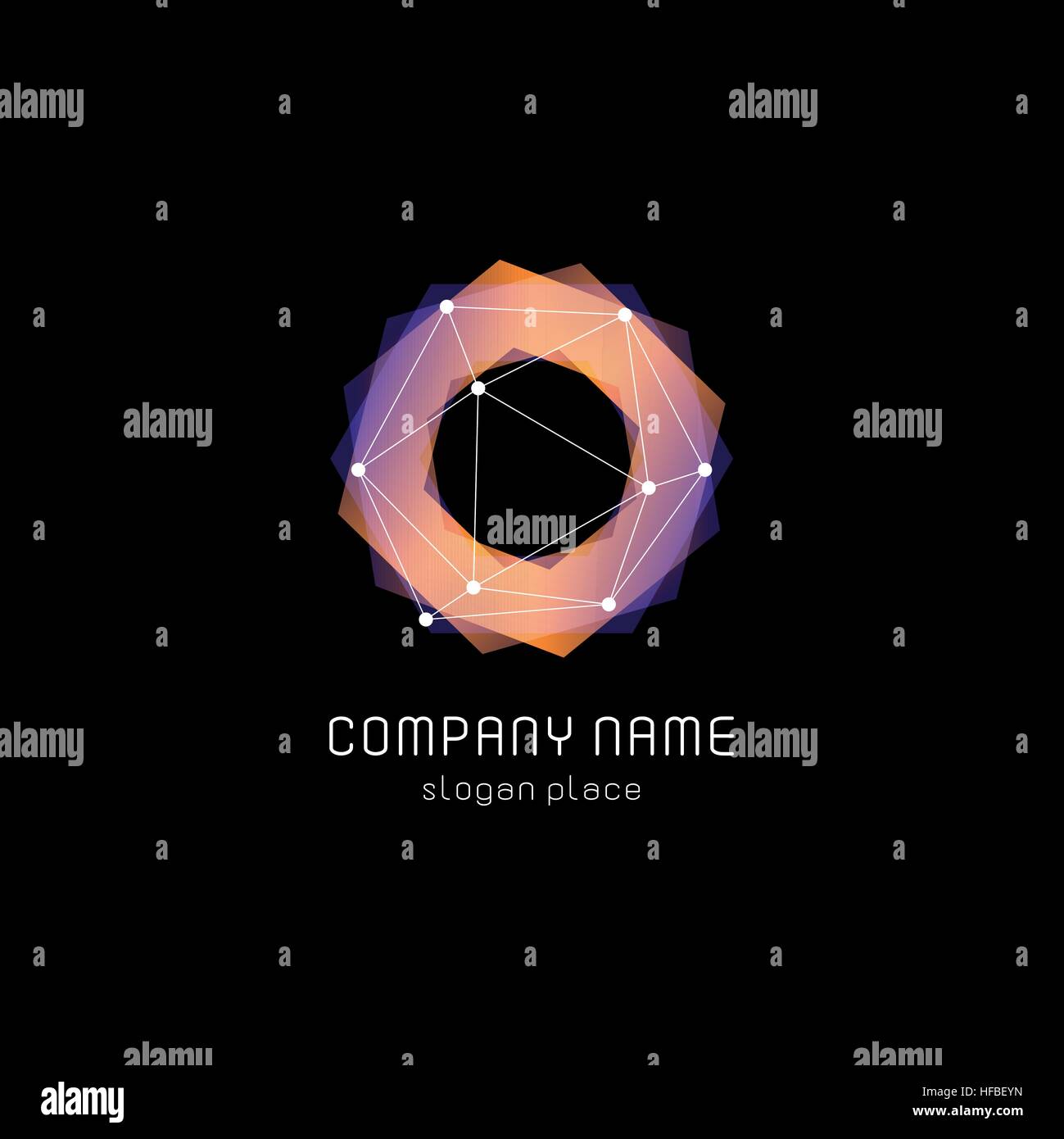 Abstract inusuali forme geometriche logo vettoriale. Circolare, poligonale loghi colorati su sfondo nero. Illustrazione Vettoriale