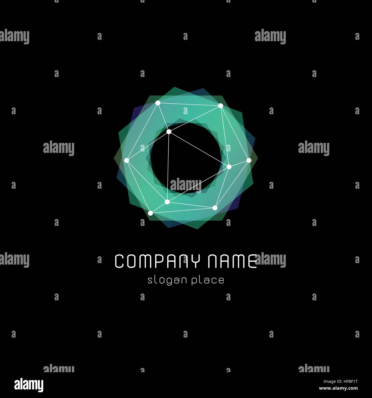 Abstract inusuali forme geometriche logo vettoriale. Circolare, poligonale loghi colorati su sfondo nero. Illustrazione Vettoriale