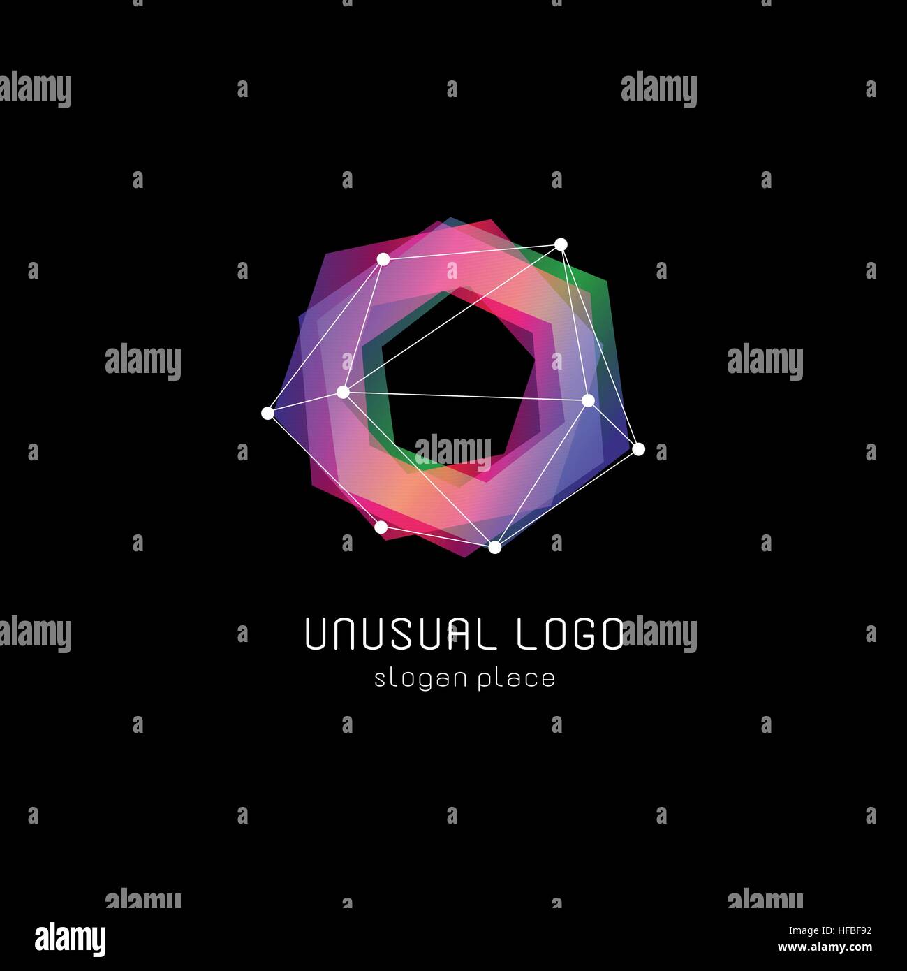 Abstract inusuali forme geometriche logo vettoriale. Circolare, poligonale loghi colorati su sfondo nero. Illustrazione Vettoriale