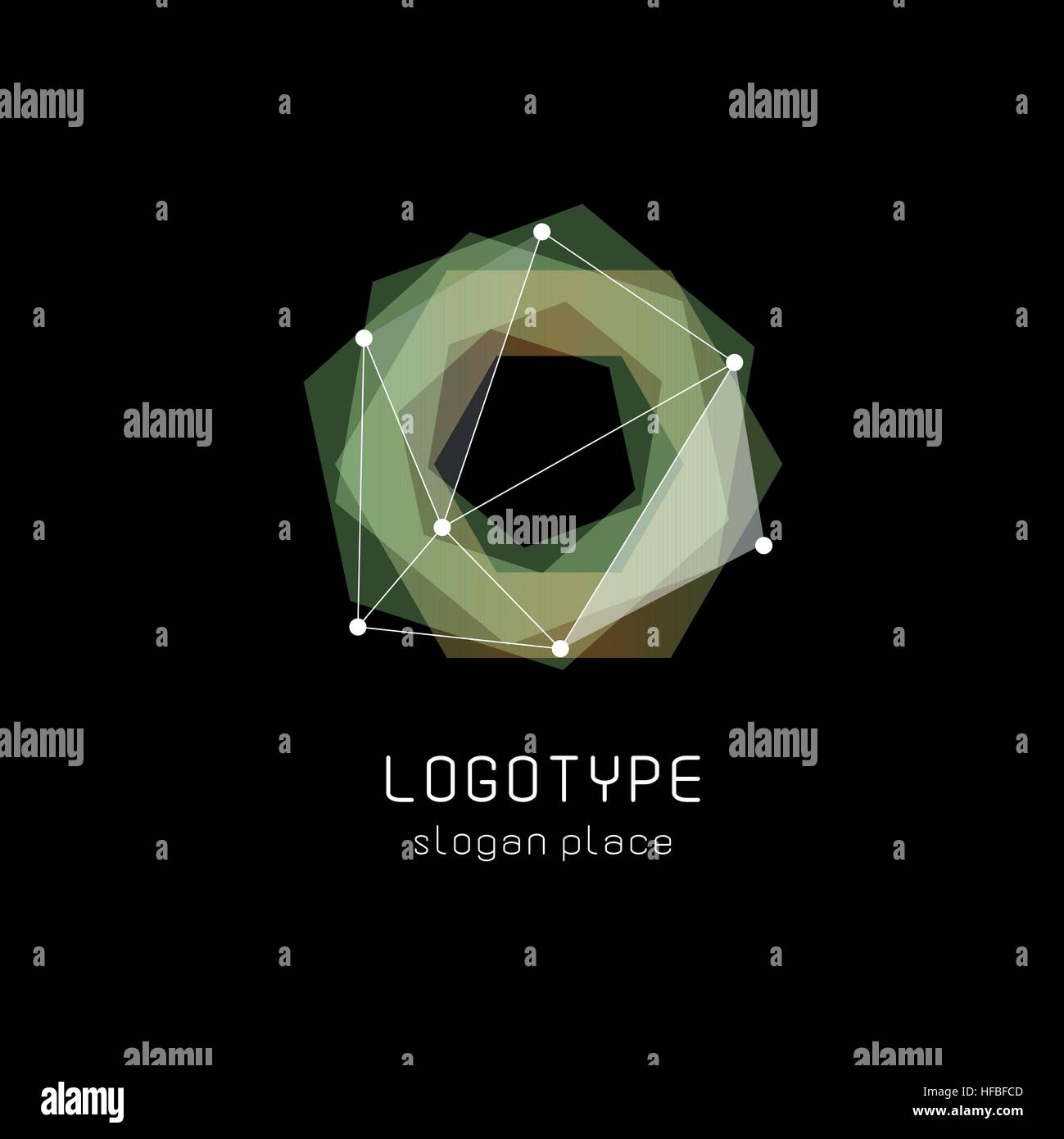 Abstract inusuali forme geometriche logo vettoriale. Circolare, poligonale loghi colorati su sfondo nero. Illustrazione Vettoriale