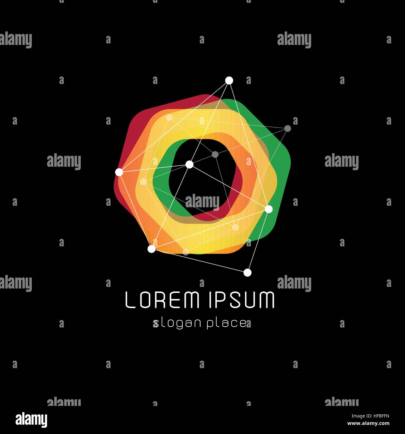 Abstract inusuali forme geometriche logo vettoriale. Circolare, poligonale loghi colorati su sfondo nero. Illustrazione Vettoriale