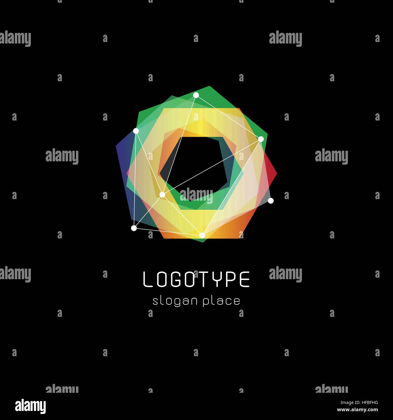 Abstract inusuali forme geometriche logo vettoriale. Circolare, poligonale loghi colorati su sfondo nero. Illustrazione Vettoriale