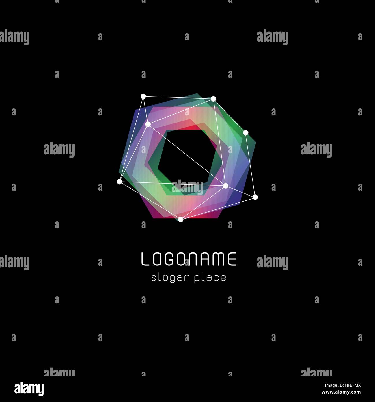 Abstract inusuali forme geometriche logo vettoriale. Circolare, poligonale loghi colorati su sfondo nero. Illustrazione Vettoriale