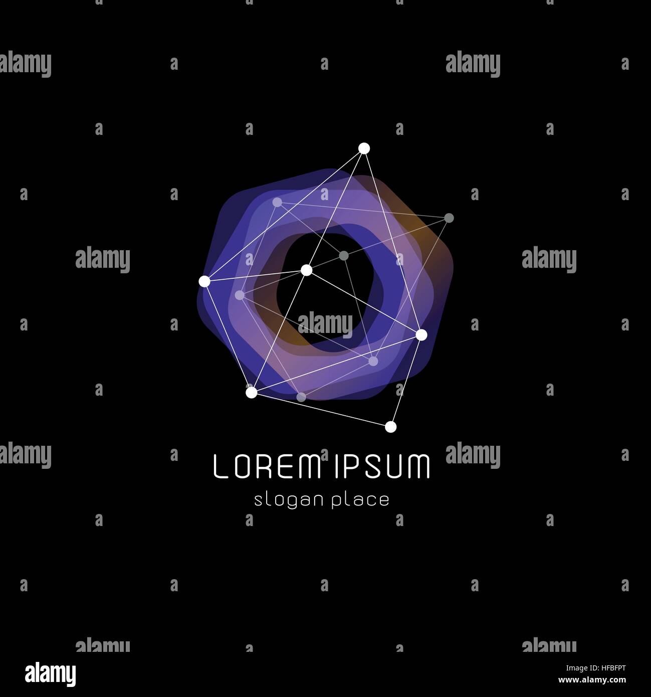 Abstract inusuali forme geometriche logo vettoriale. Circolare, poligonale loghi colorati su sfondo nero. Illustrazione Vettoriale