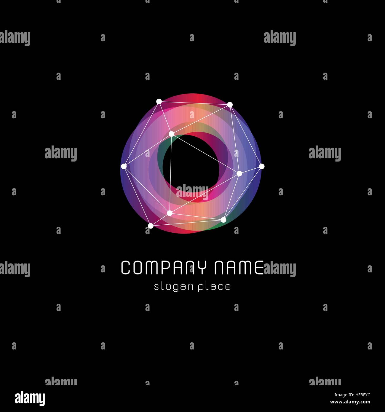 Abstract inusuali forme geometriche logo vettoriale. Circolare, poligonale loghi colorati su sfondo nero. Illustrazione Vettoriale