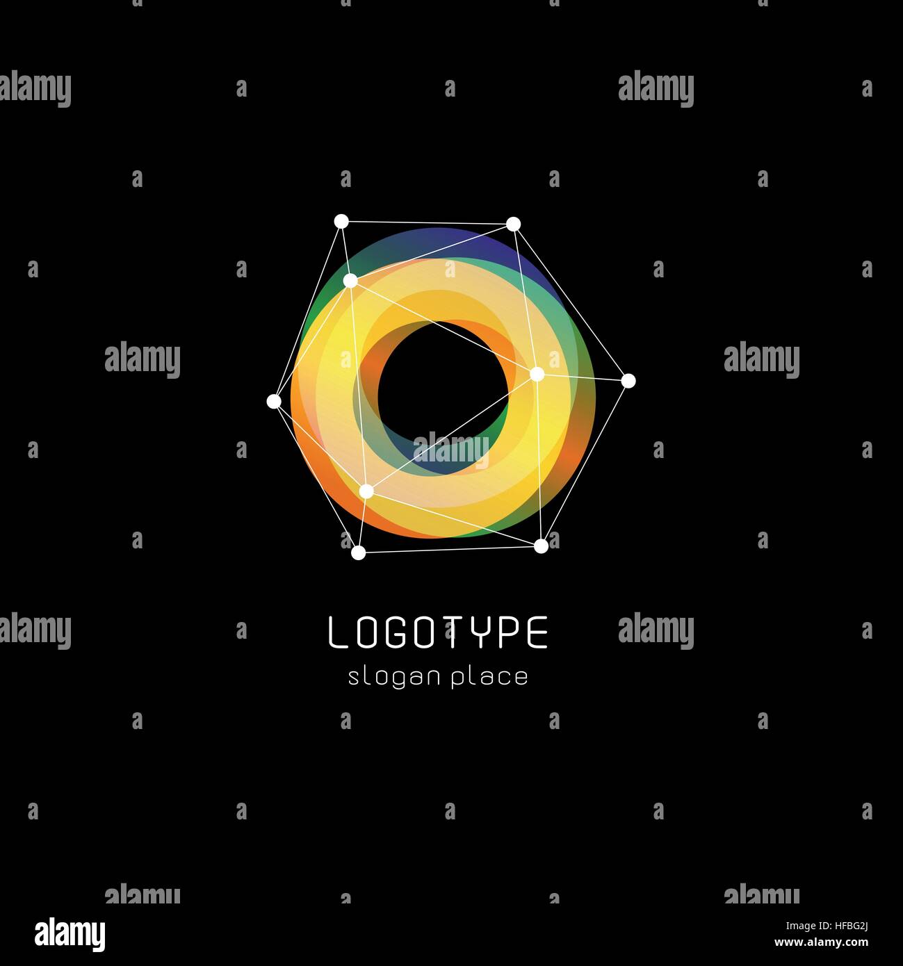 Abstract inusuali forme geometriche logo vettoriale. Circolare, poligonale loghi colorati su sfondo nero. Illustrazione Vettoriale
