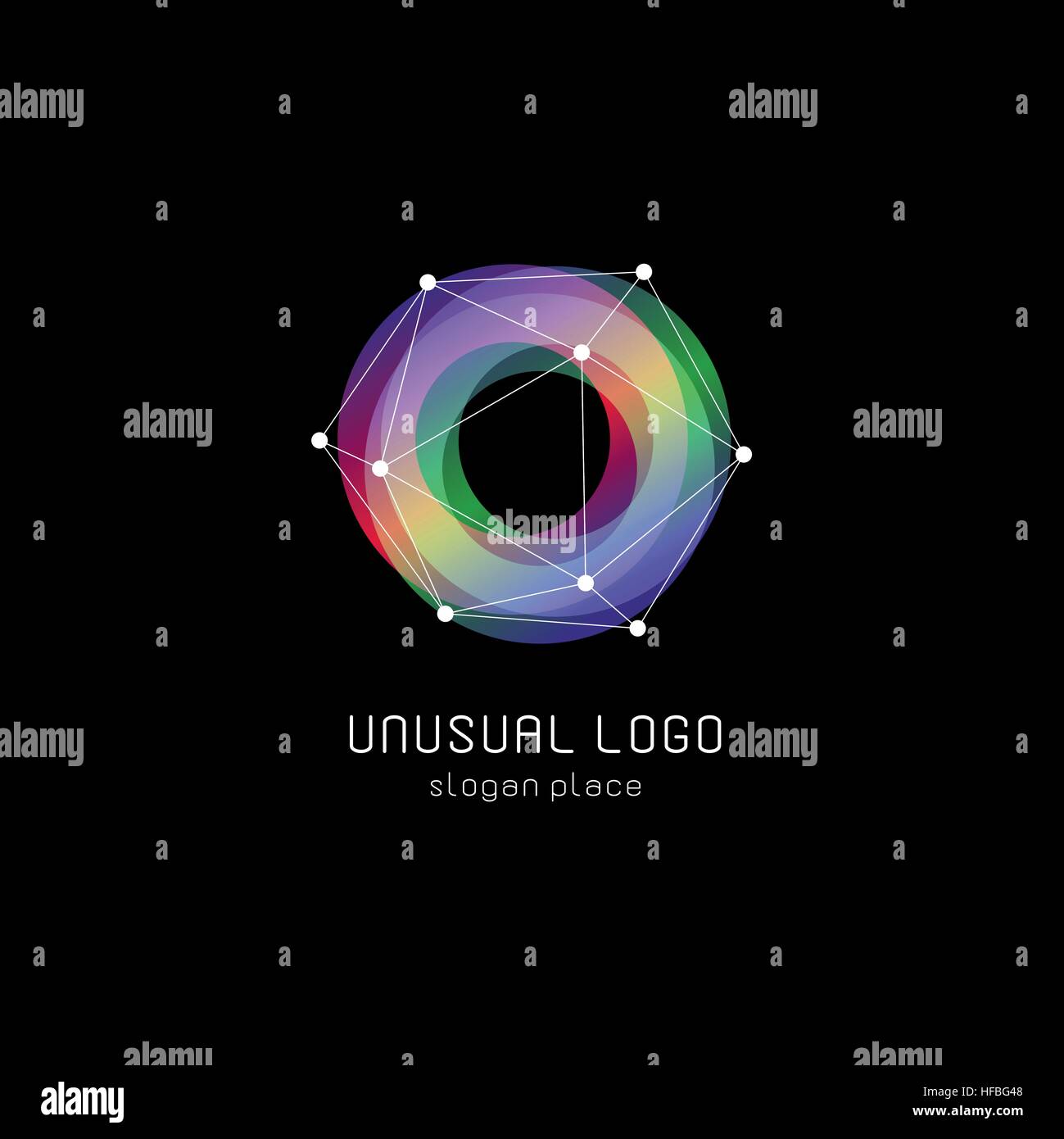 Abstract inusuali forme geometriche logo vettoriale. Circolare, poligonale loghi colorati su sfondo nero. Illustrazione Vettoriale