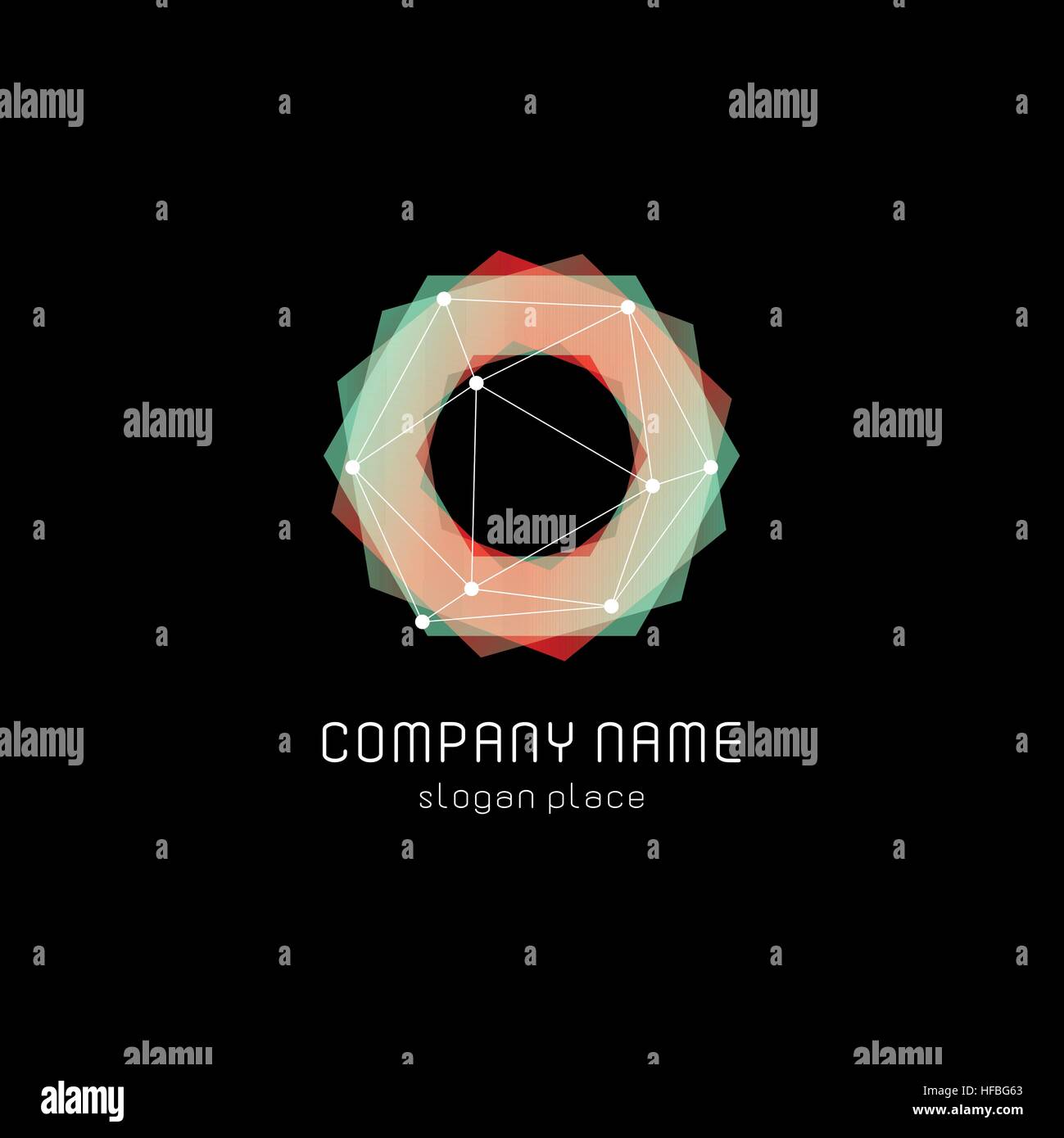 Abstract inusuali forme geometriche logo vettoriale. Circolare, poligonale loghi colorati su sfondo nero. Illustrazione Vettoriale