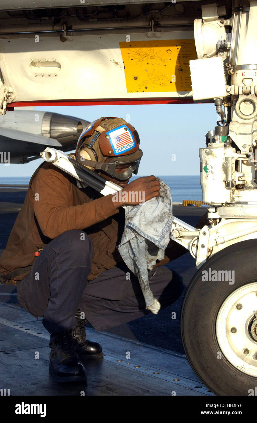 020124-N-5786V-504 in mare a bordo della USS Theodore Roosevelt (CVN 71) Gen 24, 2002 -- Airman Reginald Cherubin da 'i predoni' da attacco Fighter Squadron otto due (VFA-82) panni verso il basso la barra di avvio di un'F/A-18 Hornet "." i predoni sono parte di Carrier aria Wing uno (CVW 1) distribuiti a bordo del Roosevelt a sostegno dell'Operazione Enduring Freedom. Stati Uniti Navy foto dal fotografo compagno del 3° di classe Angela Virnig. (Rilasciato) Navy US 020124-N-5786V-504 predoni airman %%%%%%%%5E Hornet manutenzione Foto Stock