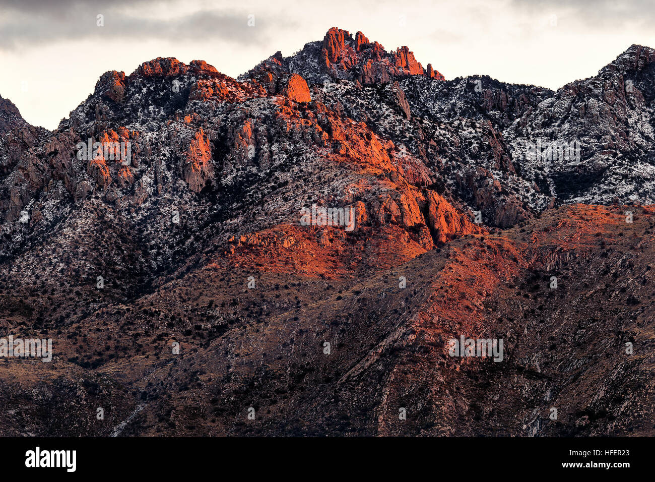 Tramonto alpenglow sulle aspre montagne di Santa Catalina vicino Tucson, Arizona Foto Stock