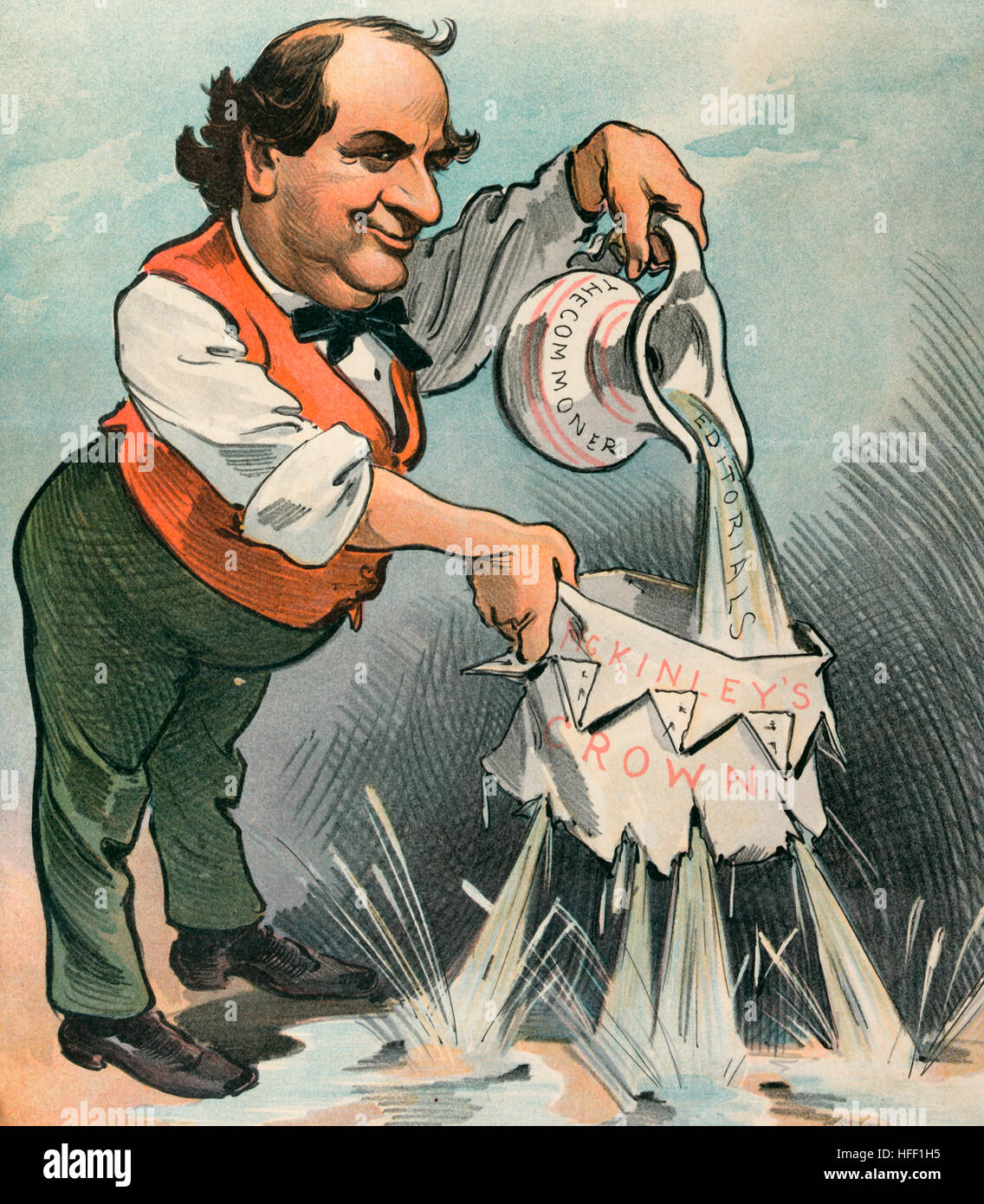 Il Bryan-corona fatta; - non trattenere acqua. Cartoon politico mostra William Jennings Bryan tenendo un lanciatore etichettato 'l'NESSUNO' versare acqua etichettata 'Editorials " in una corona di carta etichettata "cKinley's Crown", il quale è riempito con fori e perde acqua dappertutto. Giugno 1901 Foto Stock