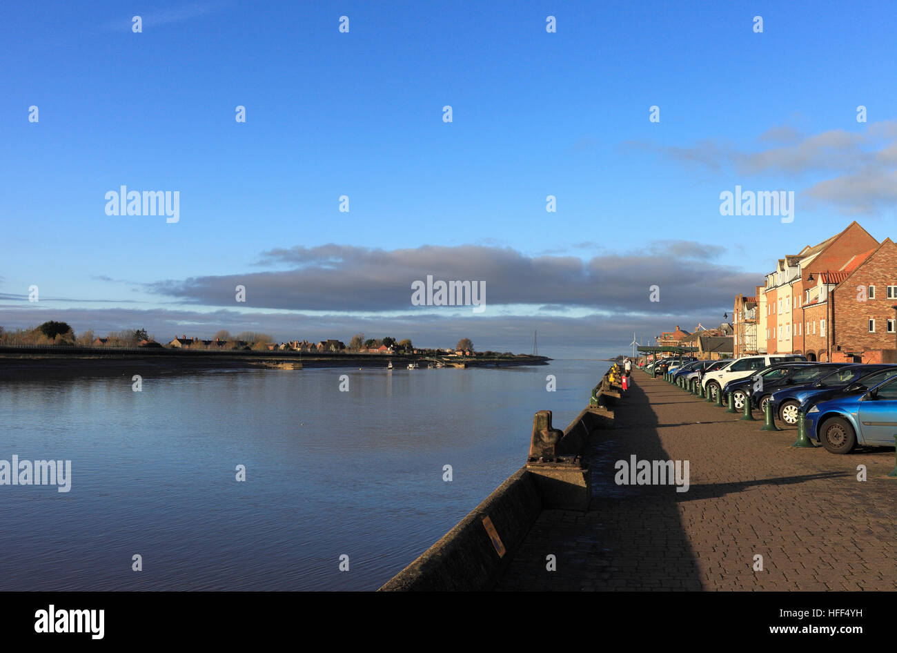 Il Fiume Great Ouse e Hereford Quay a King's Lynn, Norfolk, Inghilterra, Regno Unito. Foto Stock