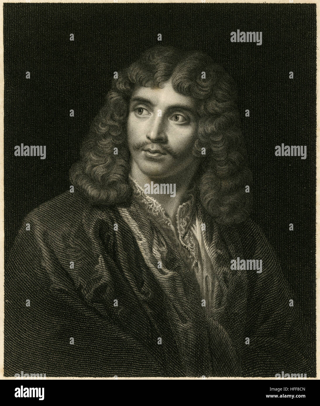 Antique c1840 incisione di Molière. Giovanni battista Poquelin, noto per la sua fase di nome Molière (1622-1673), era un drammaturgo francese e attore che è considerato uno dei più grandi maestri della commedia nella letteratura occidentale. Fonte: incisione originale. Foto Stock