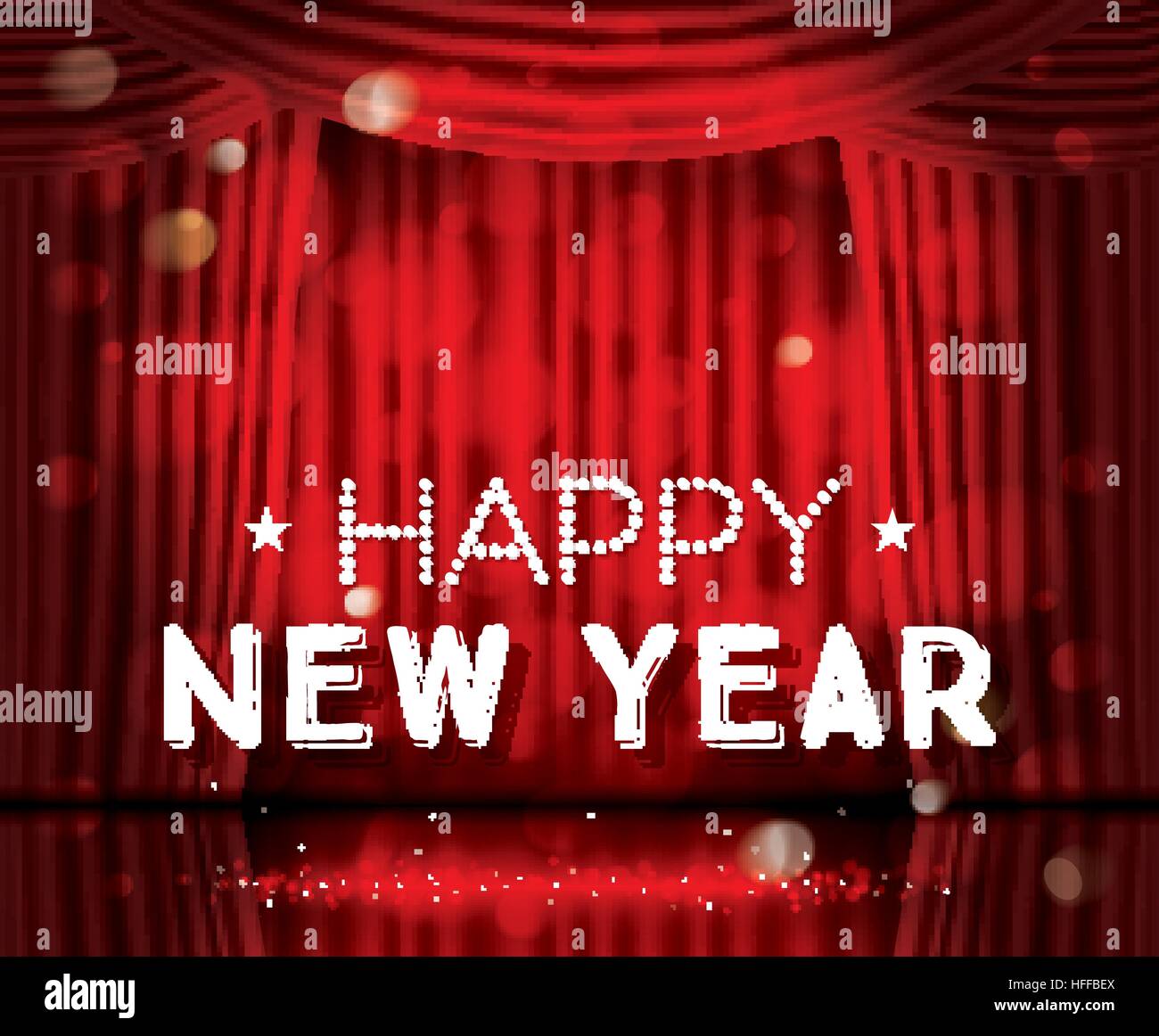 Felice Anno Nuovo. Aprire tende rosse con luci al neon e copia dello spazio. Illustrazione Vettoriale. Teatro, Opera o il Cinema scena. Luce su un pavimento. Illustrazione Vettoriale