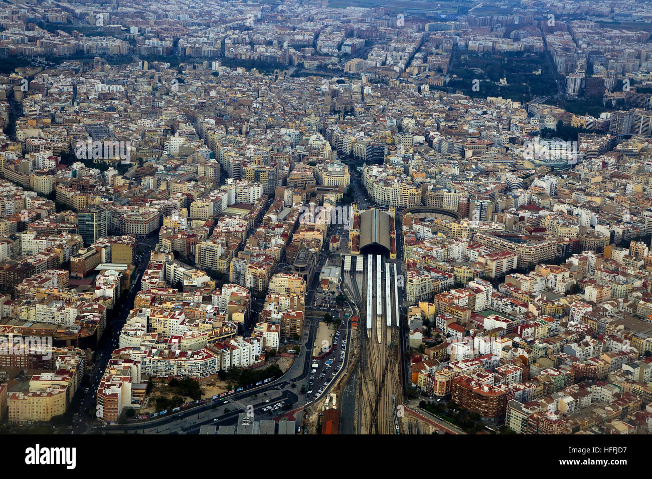 Vista aerea del centro della città di Valencia, Spagna Estació del Nord area della stazione ferroviaria Foto Stock