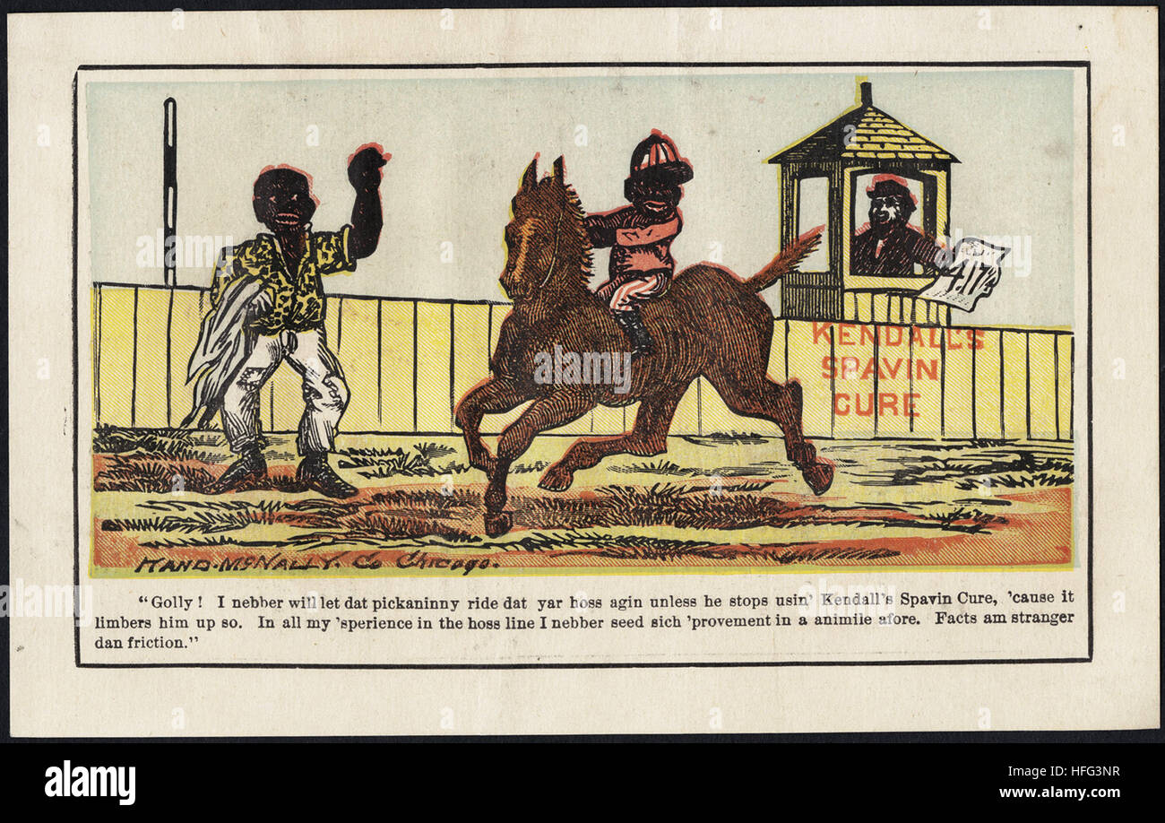 Agricoltura Scambio di carte - Kendall's Spavin cura - 'Golly! Ho nebber lascerà dat pickaninny ride dat yar hoss agin a meno che egli non si arresta usin' Kendall's Spavin indurimento, 'causare limbers lui fino in modo. A tutti il mio 'sperience in hoss linea I nebber Foto Stock