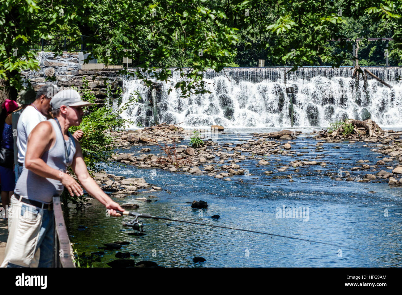 New York City,NY NYC Bronx River Park,Bronx River,adulti,uomo maschio,pesca,cascata,canna da pesca,alberi,acqua,NY160721056 Foto Stock