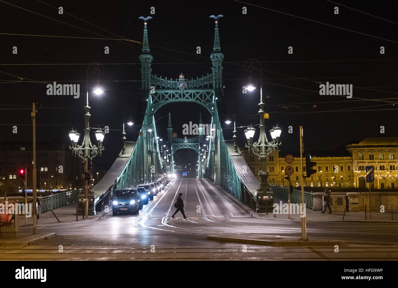 Vista notturna di traffico sul ponte della Libertà a Buda , Budapest, Ungheria Foto Stock