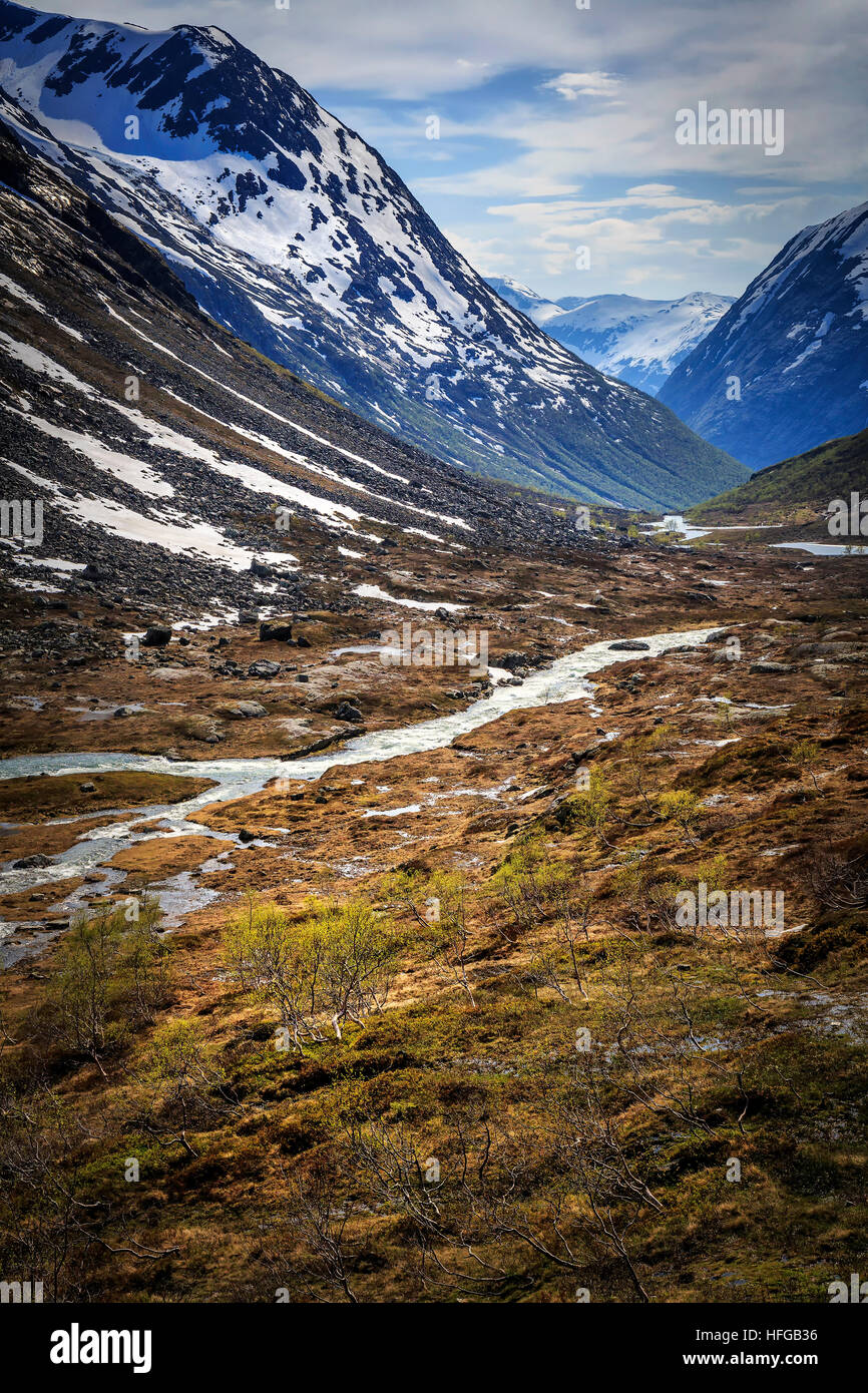 Guardando verso il basso un erosione glaciale valley. Foto scattata in primavera in Norvegia. Foto Stock