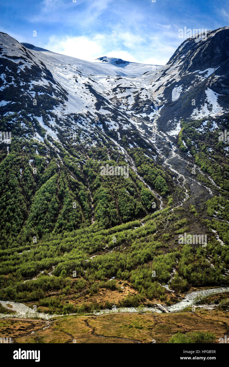 Guardando attraverso un erosione glaciale valley con rivoli di disgelo di neve e ghiaccio. Foto scattata in primavera in Norvegia. Foto Stock