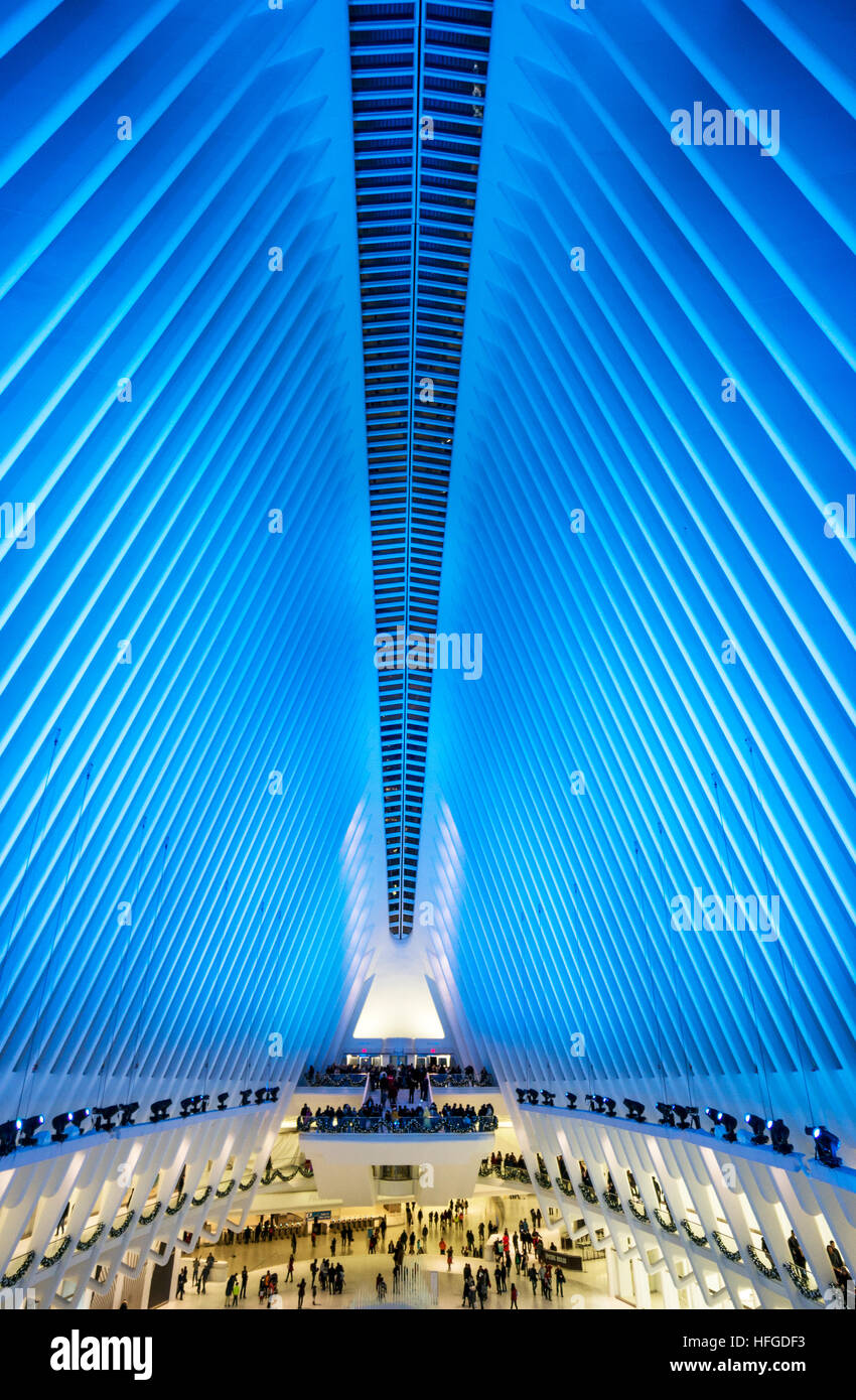 La luce blu all'interno dell'occhio del World Trade Center Hub di trasporto Foto Stock