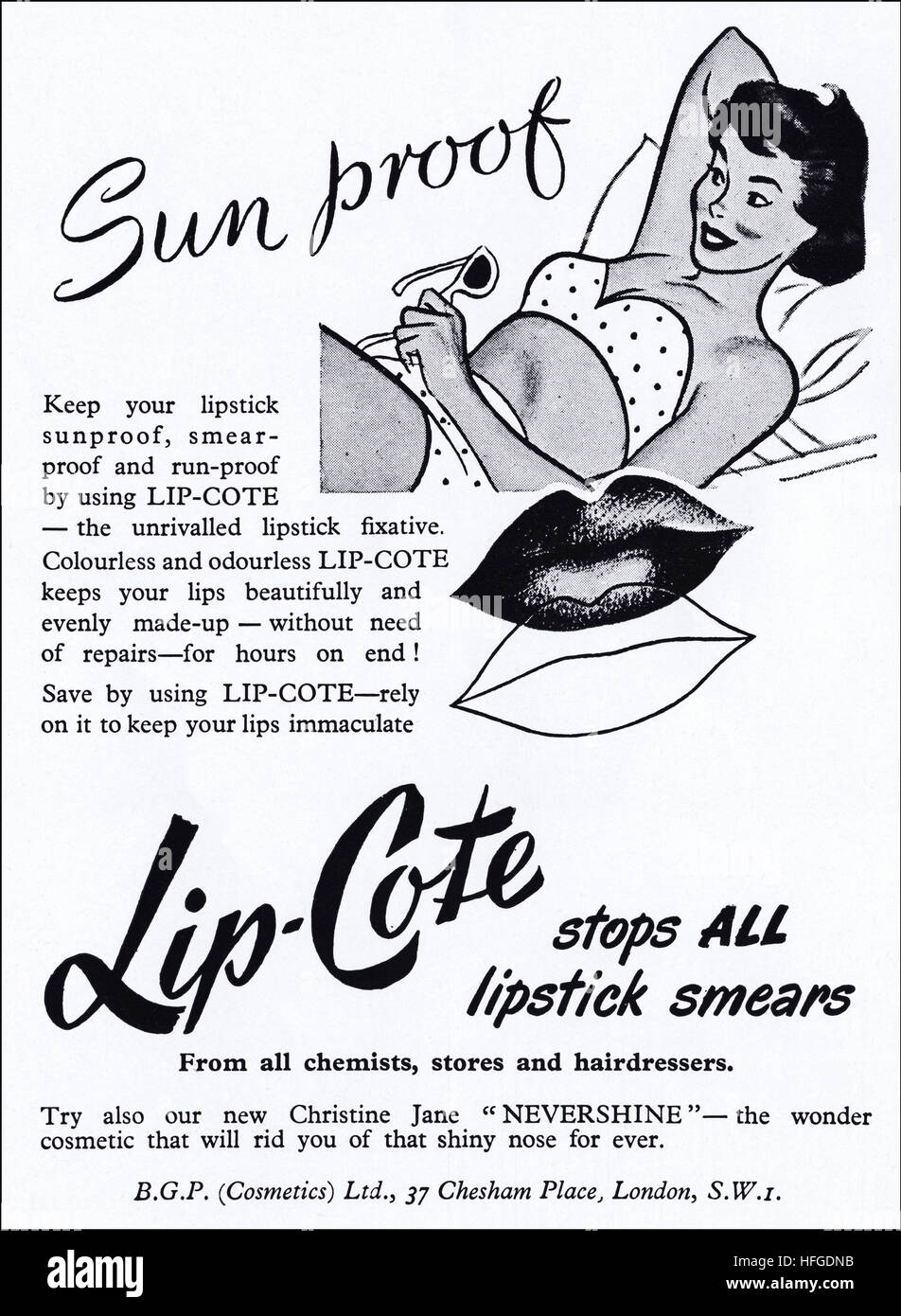 Anni Cinquanta annuncio pubblicitario dal vecchio originale vintage rivista inglese datato 1953 pubblicità per prodotti cosmetici Lip-Cote Foto Stock