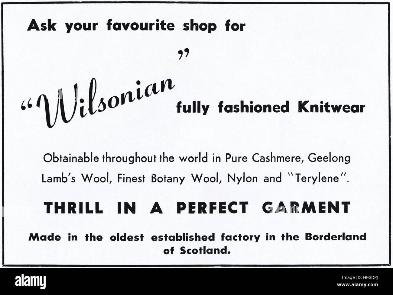 Anni Cinquanta annuncio pubblicitario dal vecchio originale vintage rivista inglese datato 1953 pubblicità per Wilsonian maglieria di Scozia Foto Stock