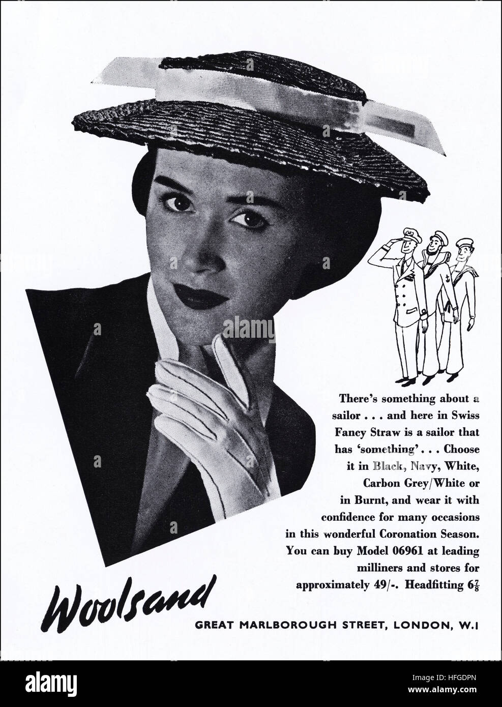 Anni Cinquanta pubblicità pubblicità dal vecchio originale vintage rivista  inglese datato 1953 Annuncio per signore cappelli da Woolsand celebrando l  incoronazione della Regina Elisabetta II 50s retrò Foto stock - Alamy