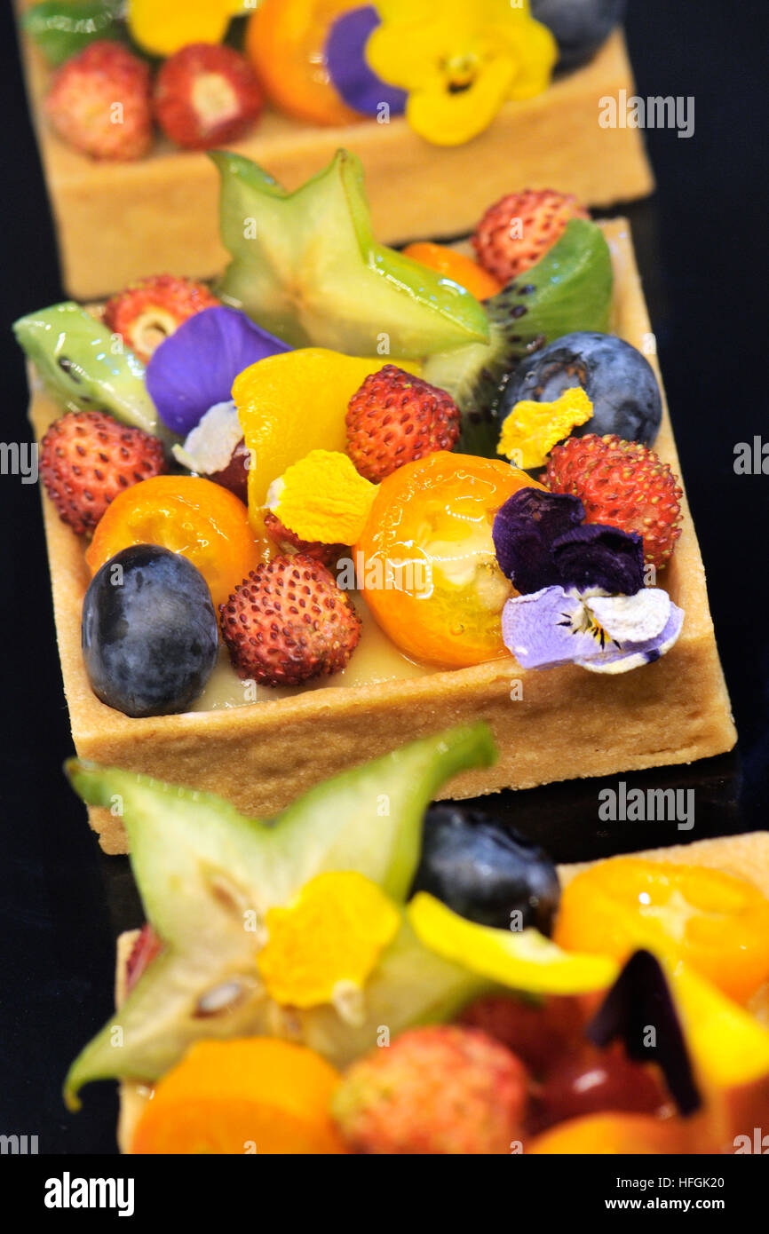 Torte di frutta. Alimentaria, cucina internazionale e bevande mostra, l'Hospitalet de Llobregat, Barcellona, in Catalogna, Spagna Foto Stock