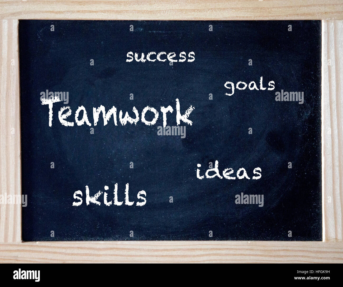 Le parole di successo, il lavoro di squadra, competenze, gli obiettivi e le idee scritto su gesso nero board Foto Stock