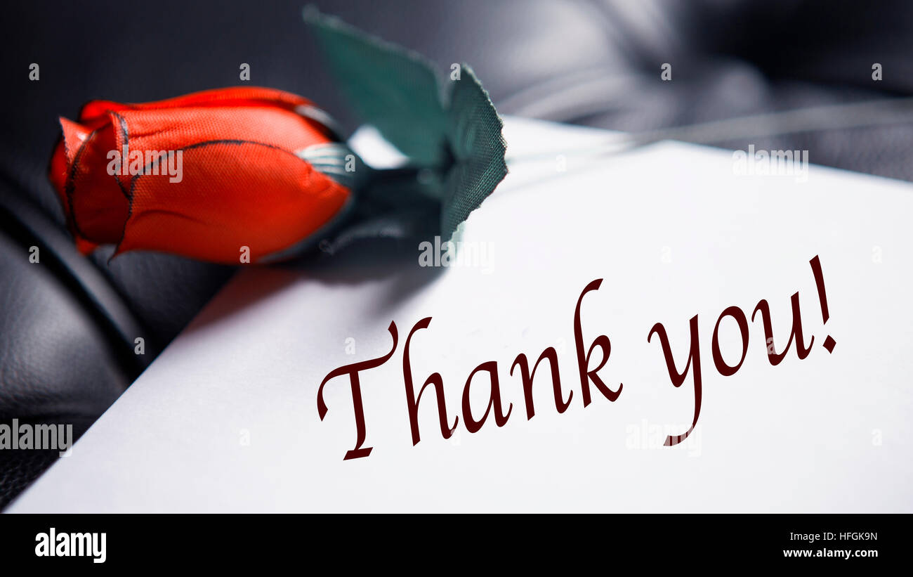 Le parole Grazie scritto su carta accanto a una rosa rossa sulla pelle nera Foto Stock