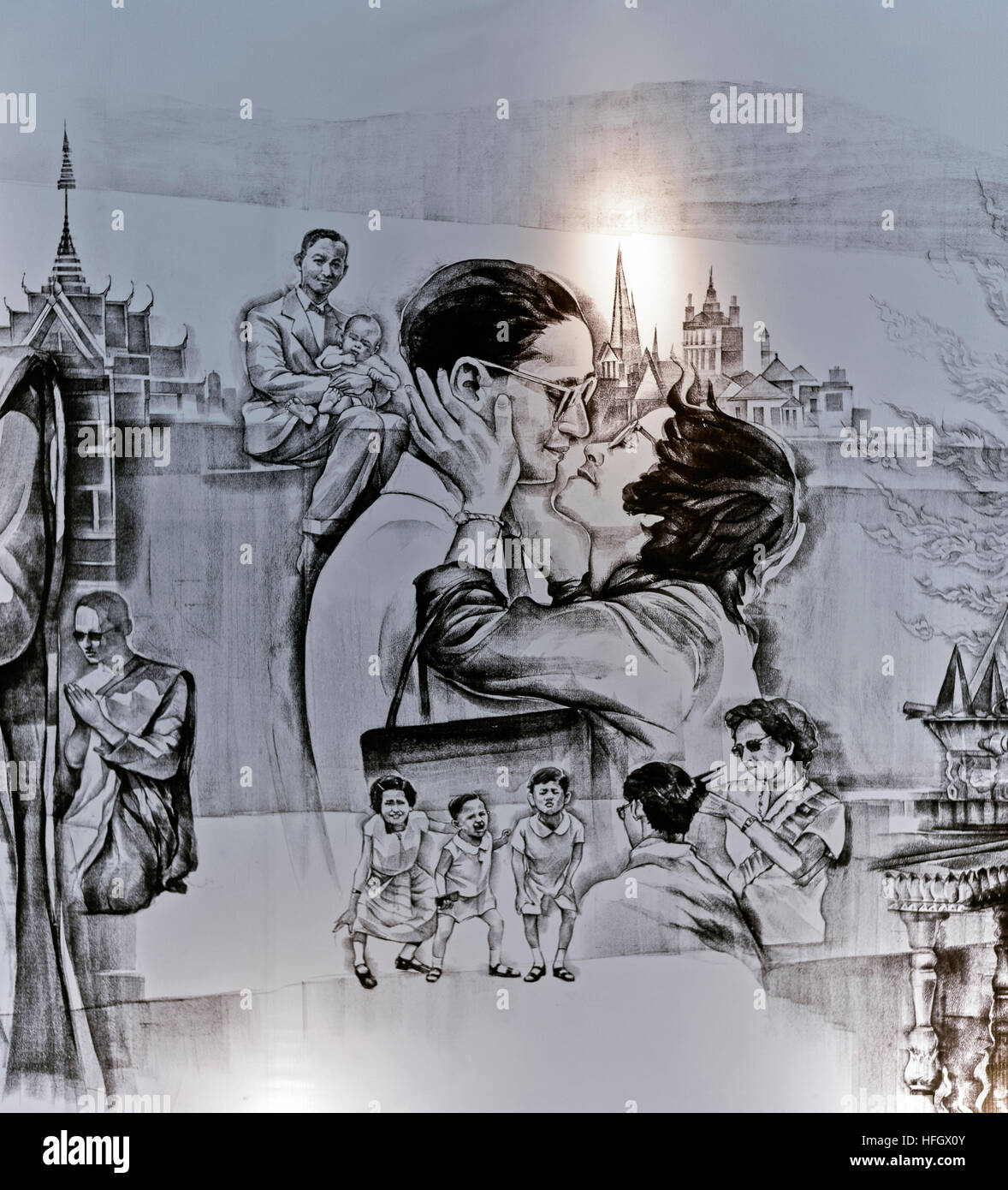 Bhumibol Adulyadej. Disegno illustrato della vita e della famiglia del re tardo venerato Thailandia Bhumibol Adulyadej Rama 1X. Foto Stock