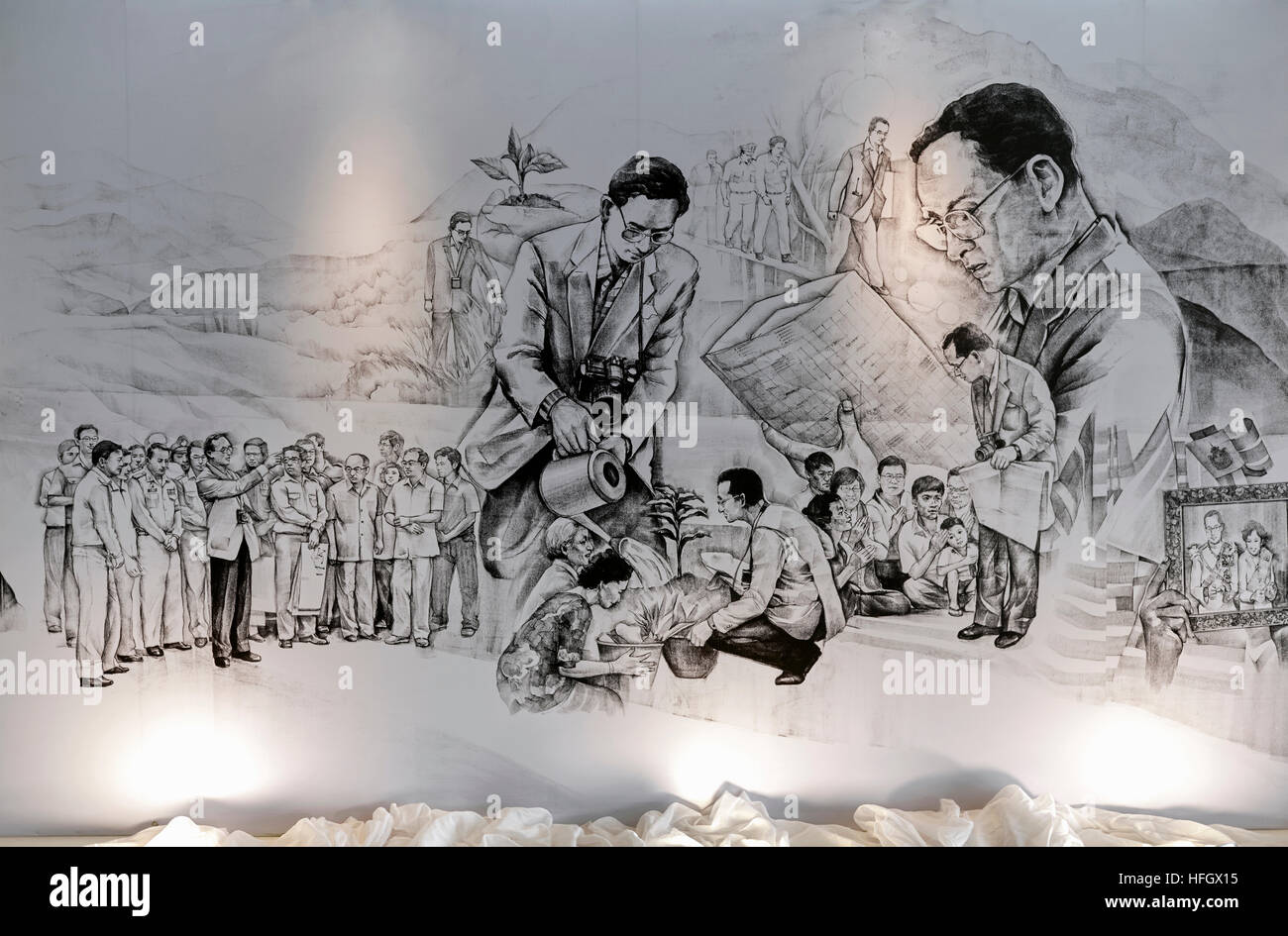 Bhumibol Adulyadej. Disegno illustrato della vita e della famiglia del re tardo venerato Thailandia Bhumibol Adulyadej Rama 1X. Foto Stock