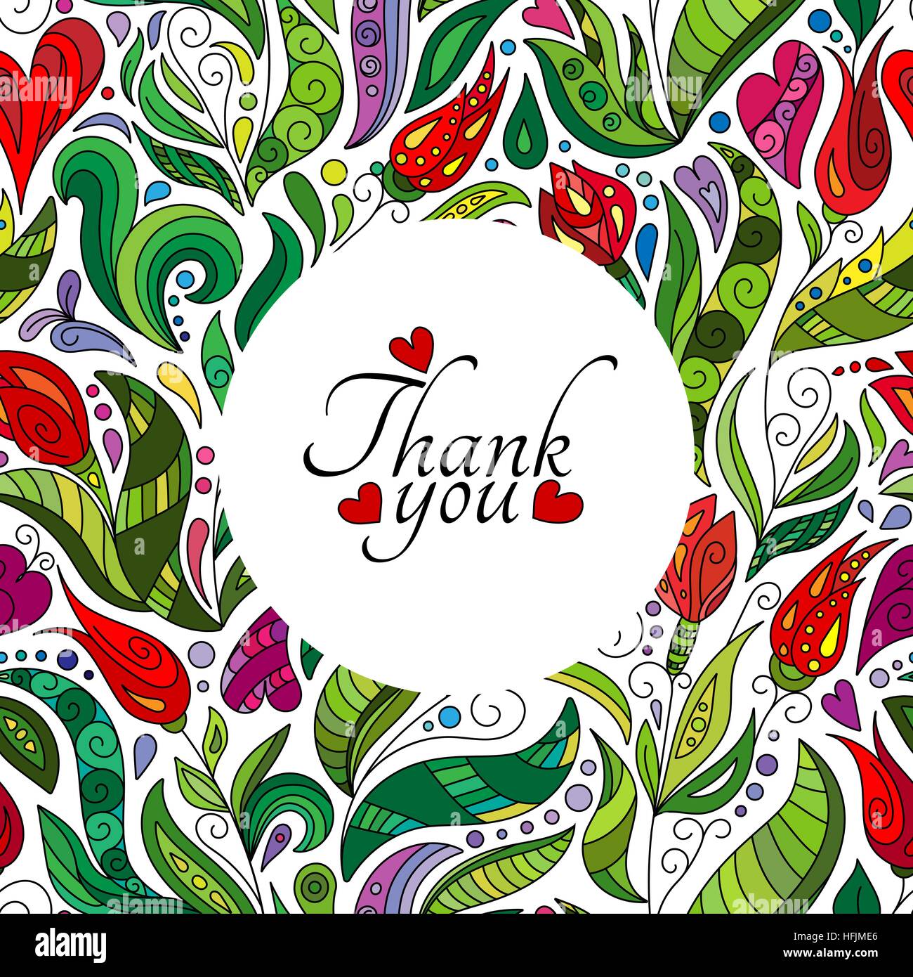 Biglietto di ringraziamento design, disegnati a mano graziosi fiori. Colore floreale ornati doodle telaio isolato su bianco con disegnato a mano le parole 'grazie' su di esso. Illustrazione Vettoriale