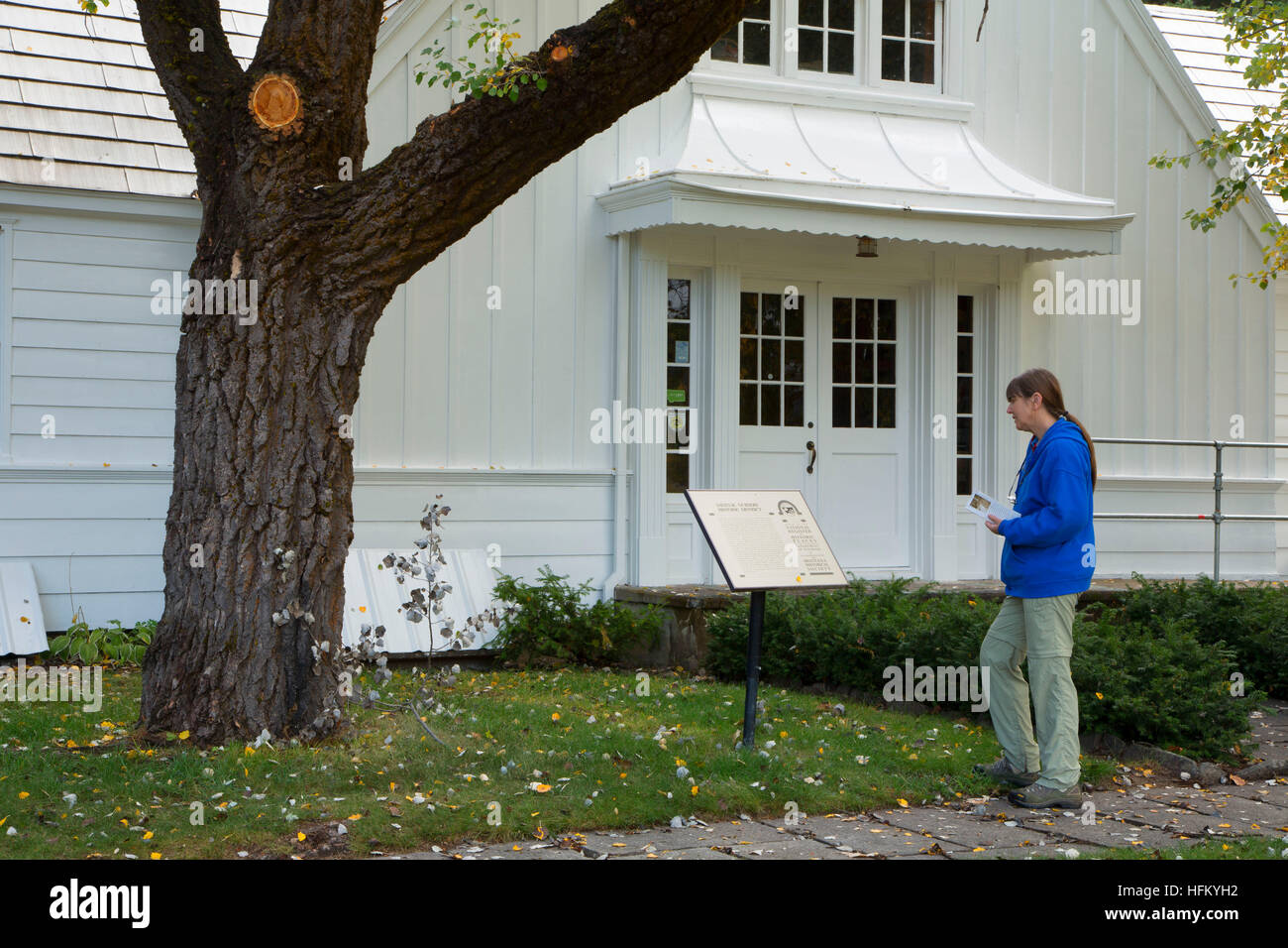 Edificio amministrativo (Visitor Center) scheda interpretativa, Storico Savenac Tree Nursery, Lolo National Forest, Montana Foto Stock