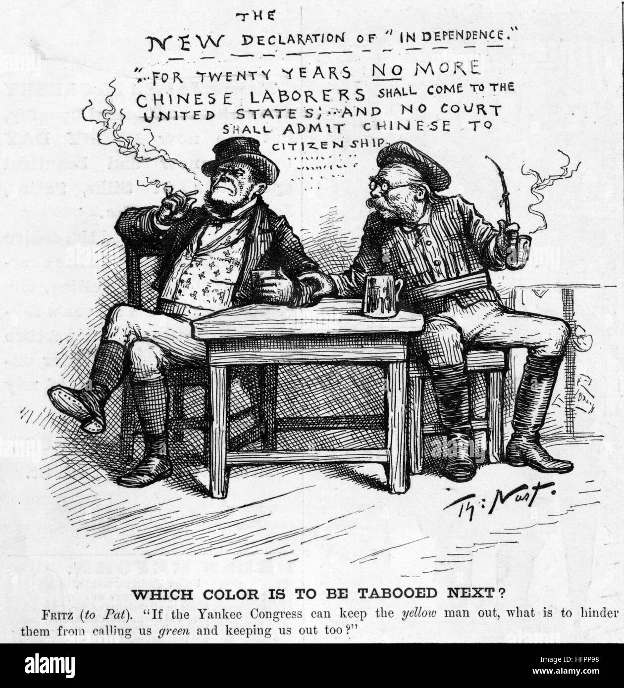 'Il colore che deve essere tabù successivo ? ' Harper's Weekly cartoon 25 Marzo 1882 mostra un tedesco (Fritz) e un irlandese (Pat) discutere l'Americano legge cinese di esclusione che è stato firmato in legge dal Presidente Chester Arthur il 6 maggio 1882. Foto Stock