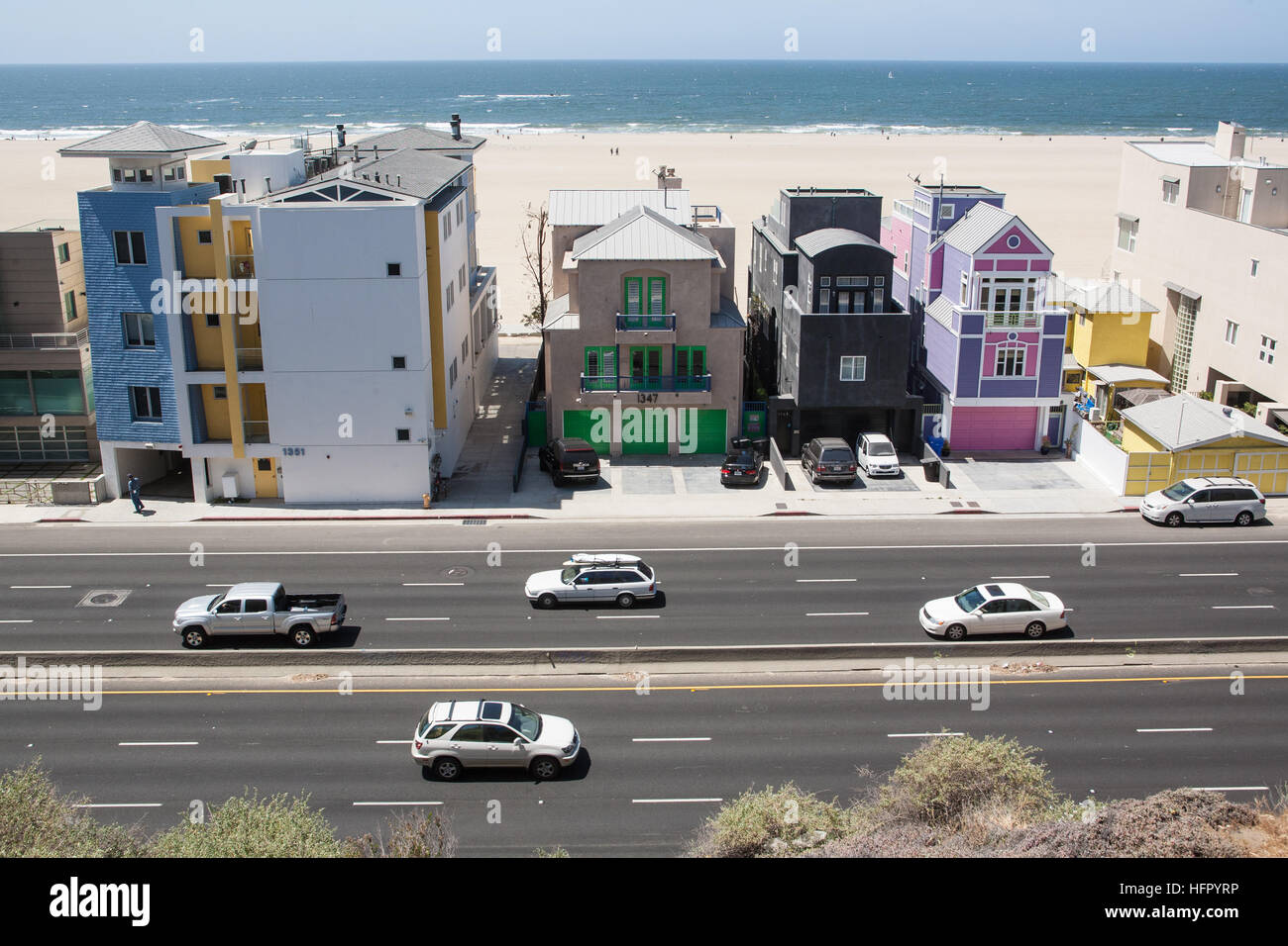 Alloggiamento,case lungo la spiaggia di Santa Monica Beach,Los Angeles,L.A., National Highway 1, Pacific Coast Highway,PCH, California, U.S.A., Foto Stock