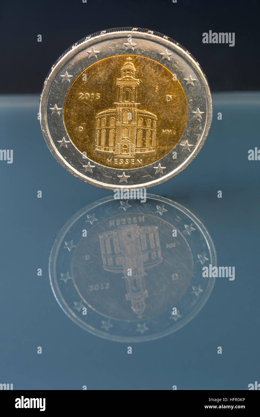 2 euro moneta denaro (EUR), valuta dell Unione Europea, Germania, una moneta commemorativa che mostra architettura storica di Hessen, Germania Foto Stock