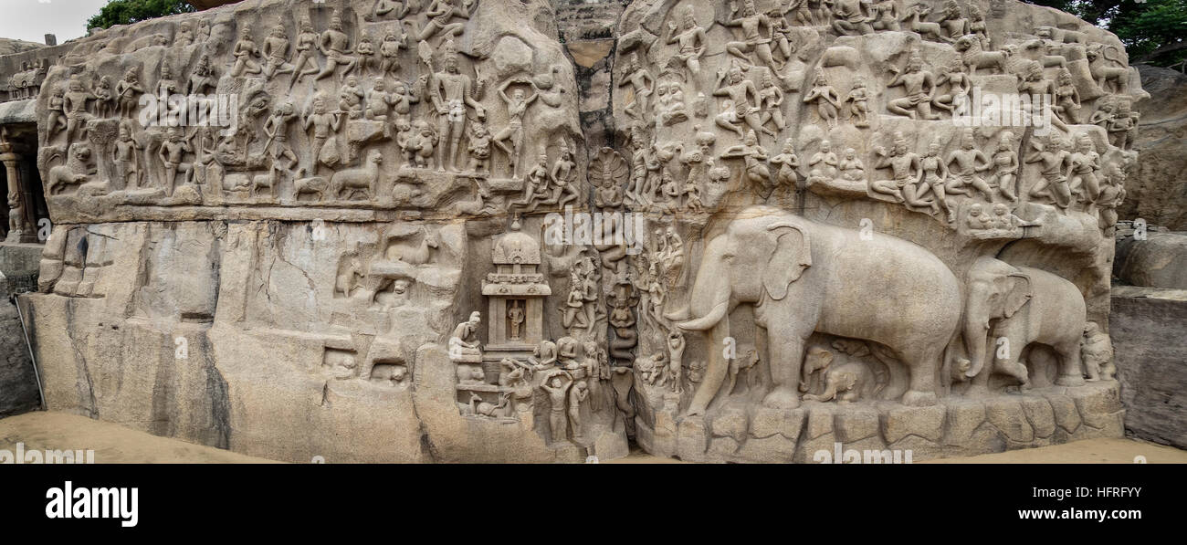 Discesa del Gange carving a Mamallapuram, Tamil Nadu, India. Foto Stock