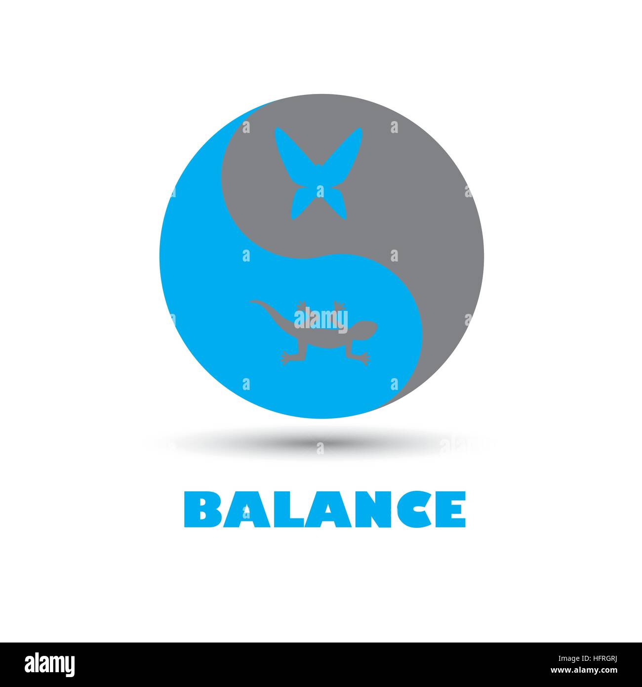 Balance Icona logo rappresentato dal Taoismo yinyang con il geco e butterfly come preda e cacciatore in natura il ciclo di vita. Illustrazione Vettoriale