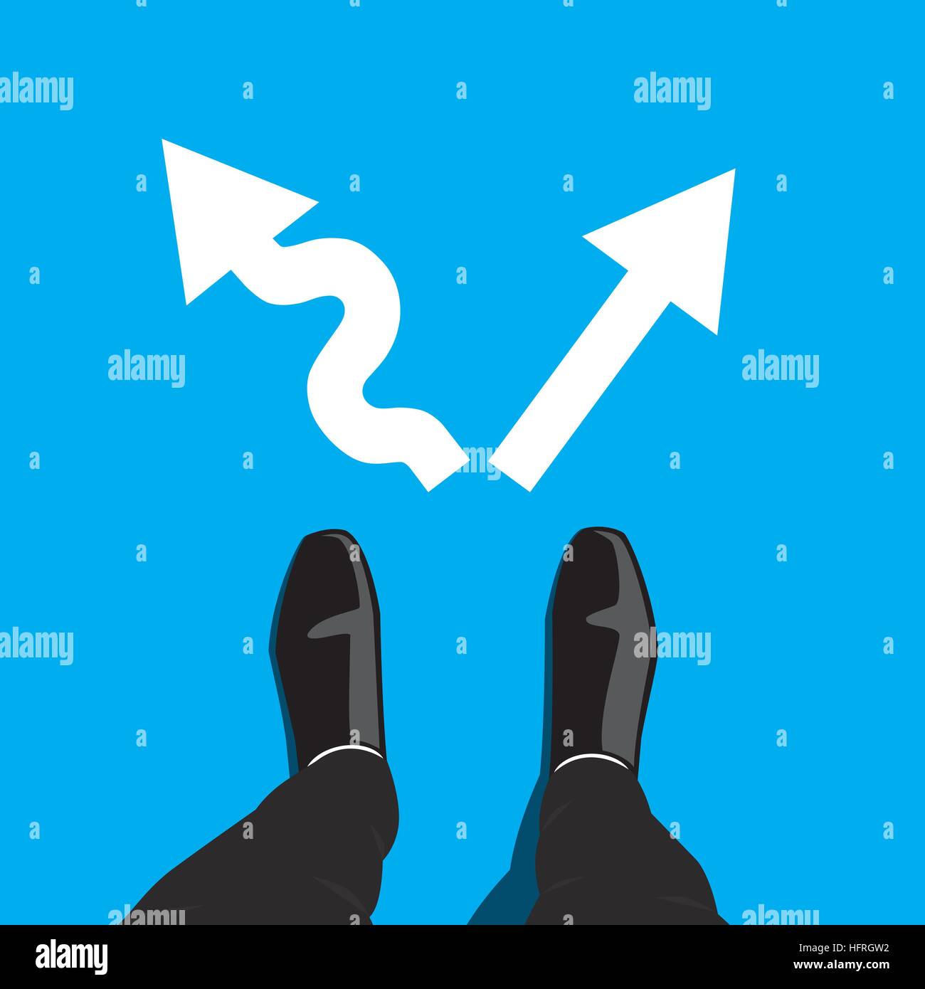 Imprenditore nel nero scarpe permanente al crocevia e ha per rendere la decisione che la strada da percorrere per il suo successo - hard modo o in modo semplice. Vettore grafico d Illustrazione Vettoriale